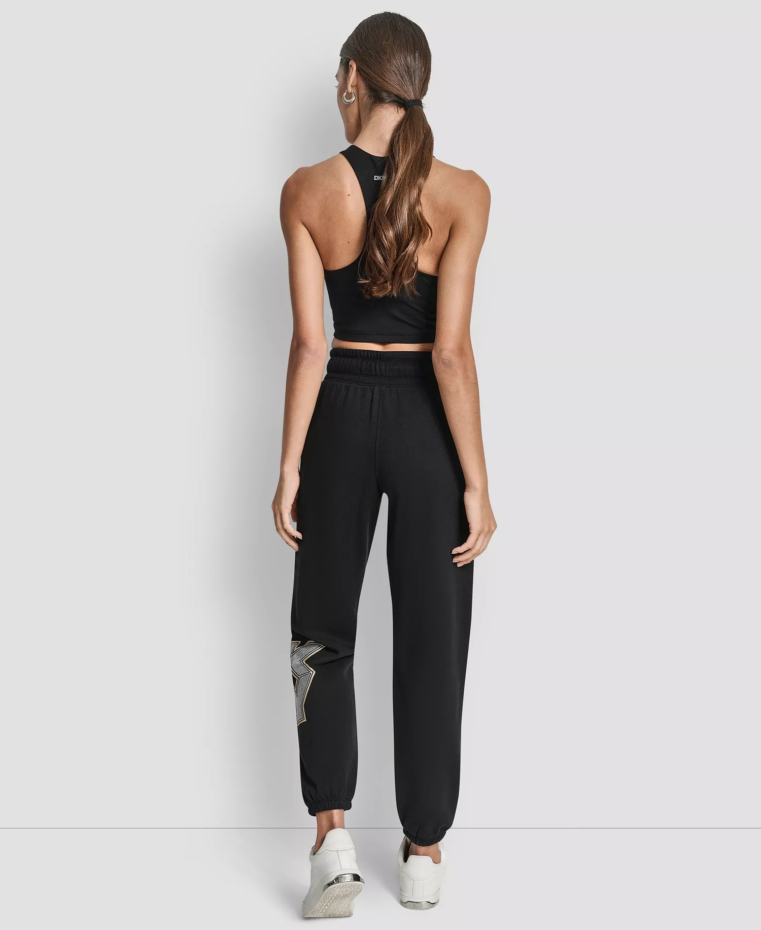 Women's Mixed Metal Stacked Glitter Logo Jogger - Black - L