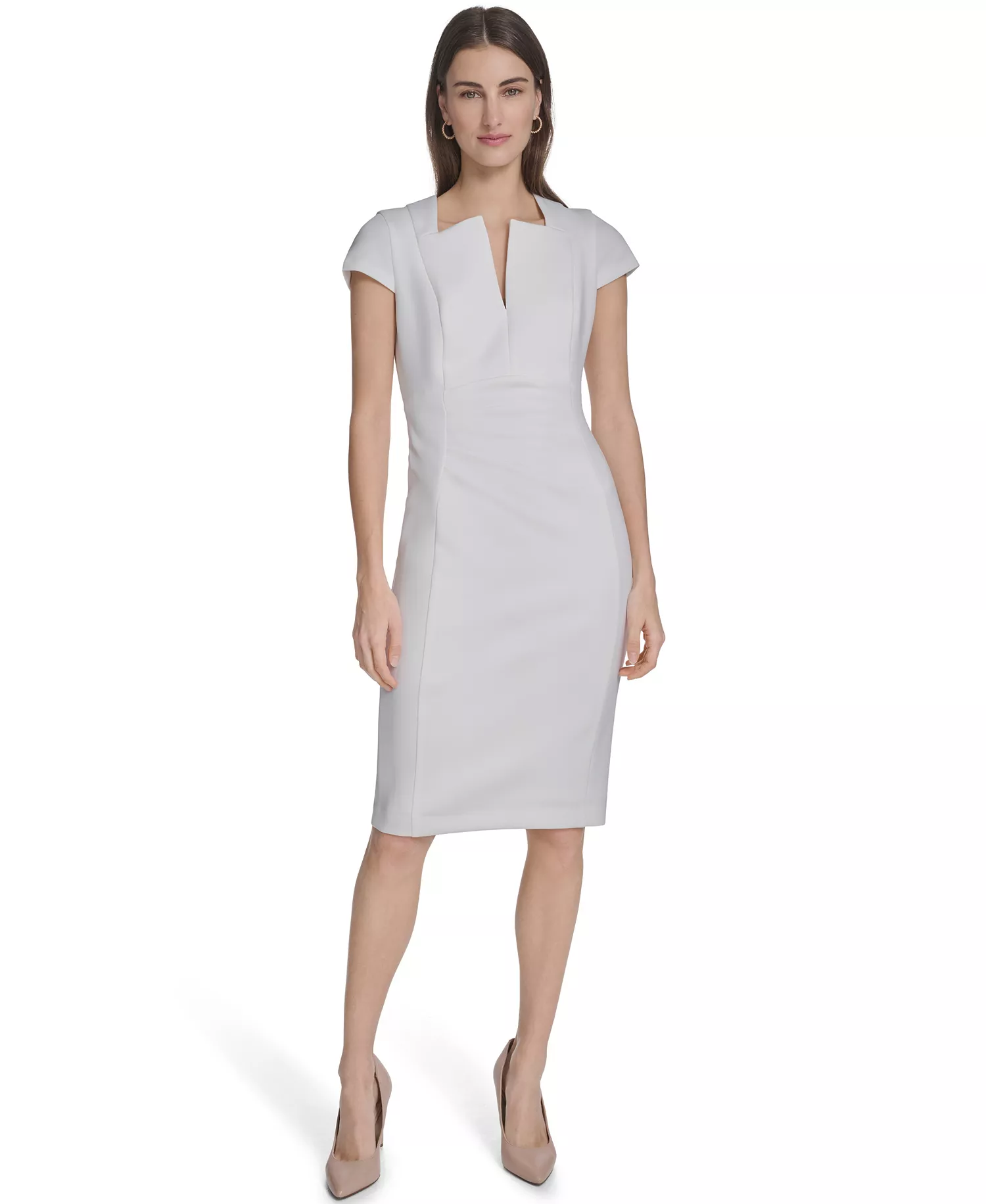 Women's Side Ruched V-Neck Midi Dress - Cream - 10