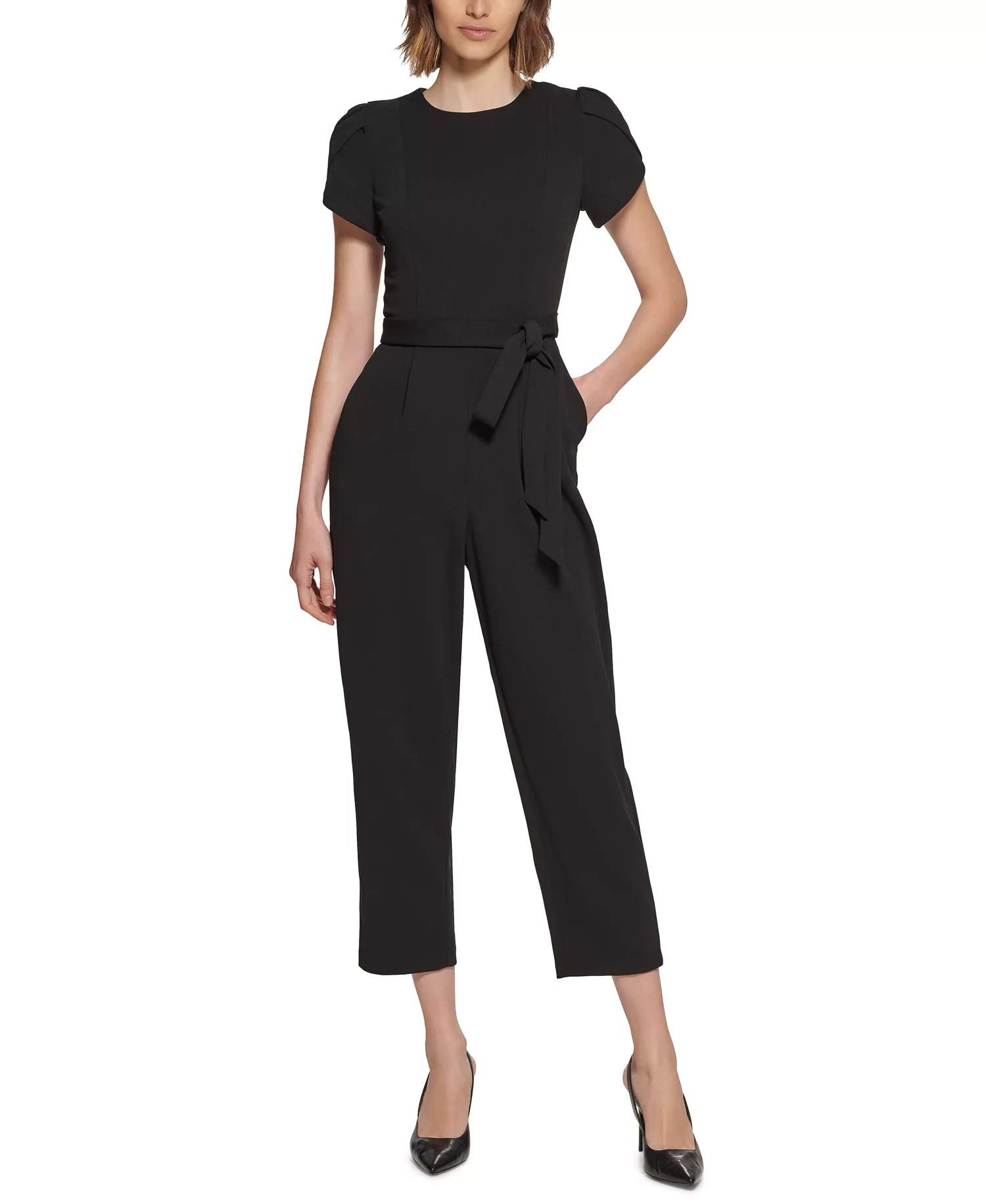 Petite Puff-Sleeve Belted Jumpsuit - Black - 10P