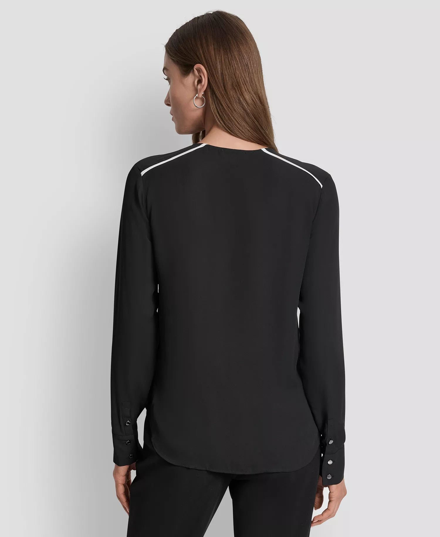 Women's Long Sleeve Trimmed Lapel Blouse, Regular & Petite - Black/ Linen White - L