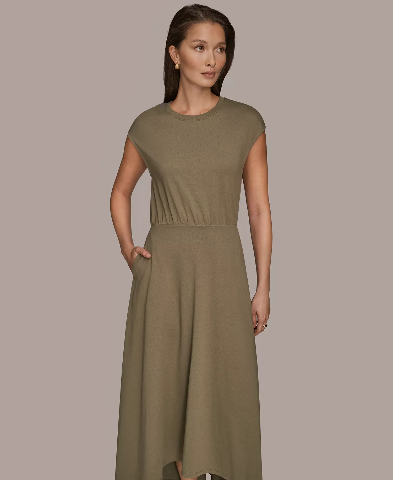 Women's Cotton Jersey Hi Lo Cap Sleeve Crew Neck Dress - Khaki Green - L
