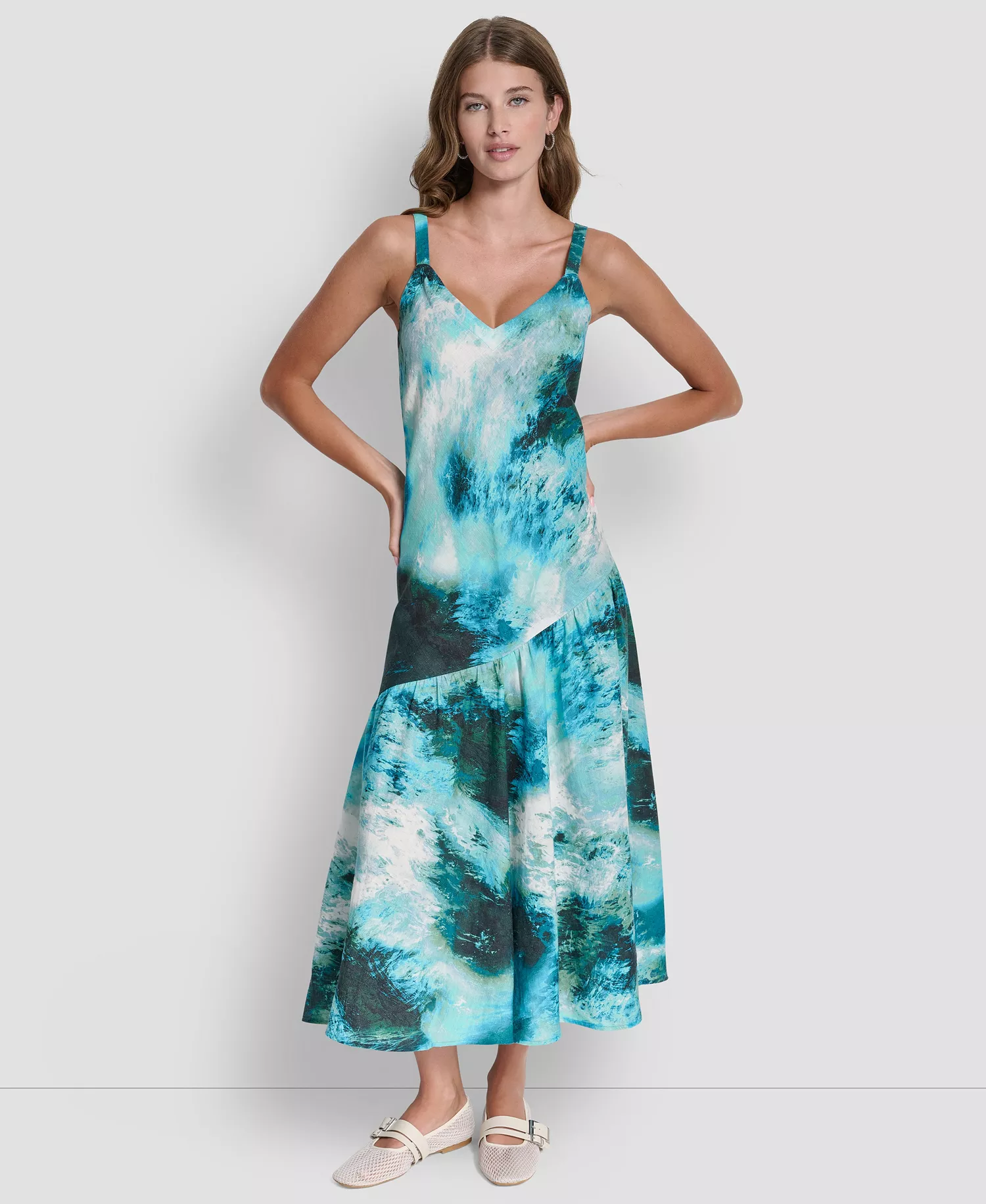 Women's Shirred Sleeveless Printed V-Neck Dress - Tidal Brushstroke - L