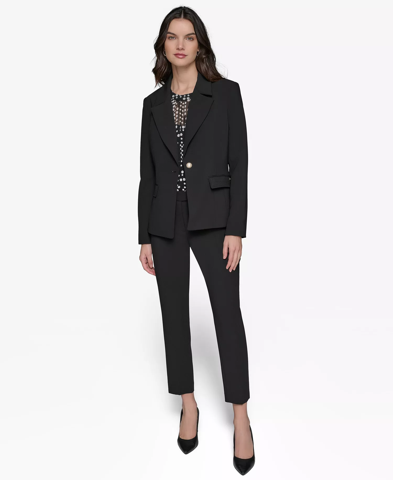 Women's Notched-Lapel Single-Button Blazer, Ruffled Rib-Knit Sleeveless Top & Pleated Button-Front Skirt - Black - 8