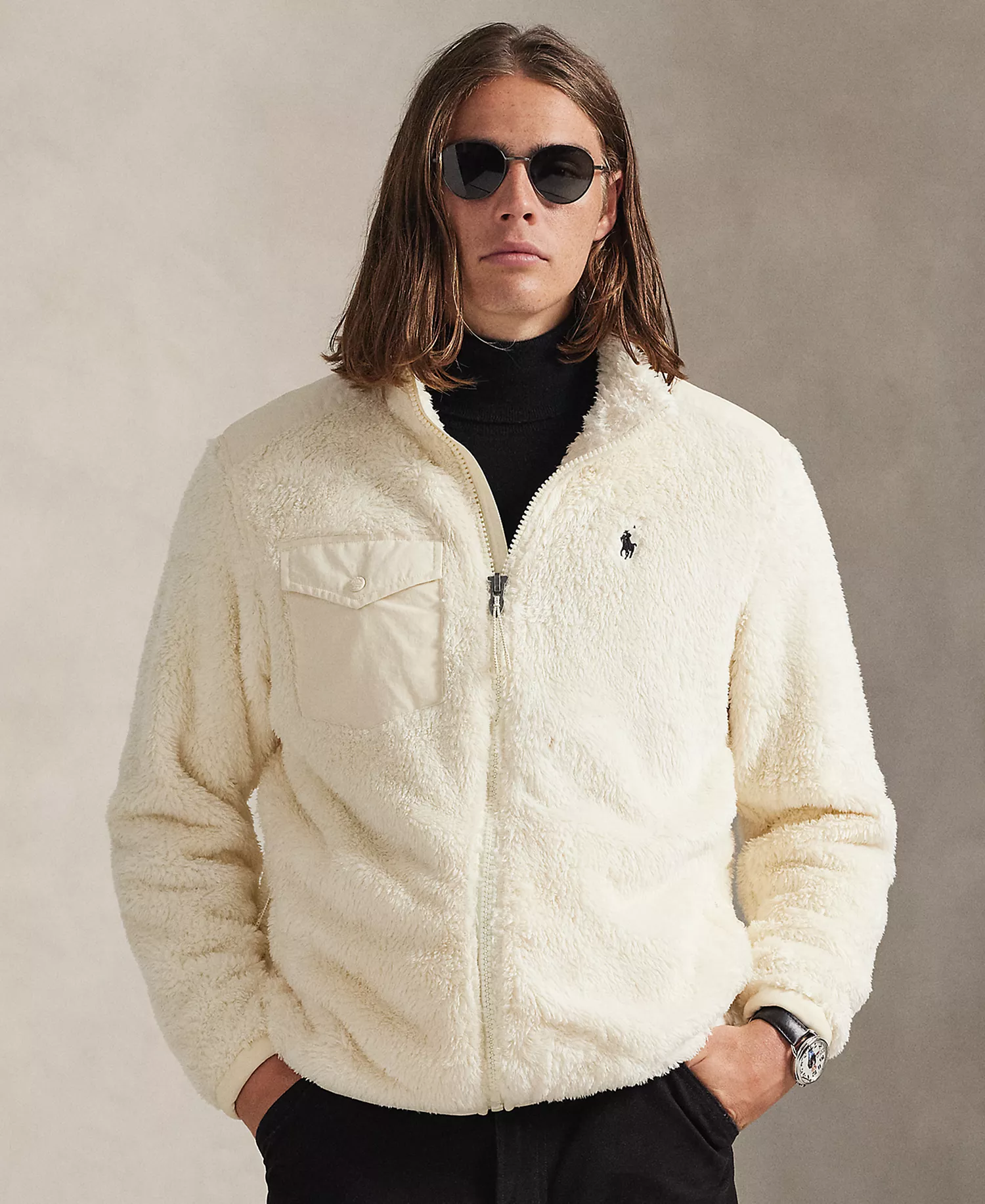 Men's Long Sleeve Curly Pile Fleece Jacket - Andover Cream - XL