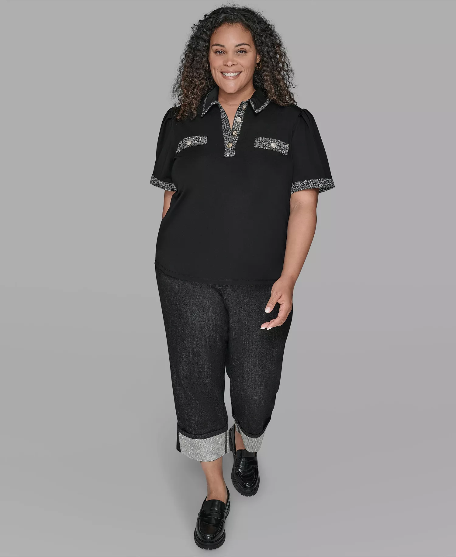 Plus Size Short Sleeve Tweed Trim Knit Top - Black - 2X