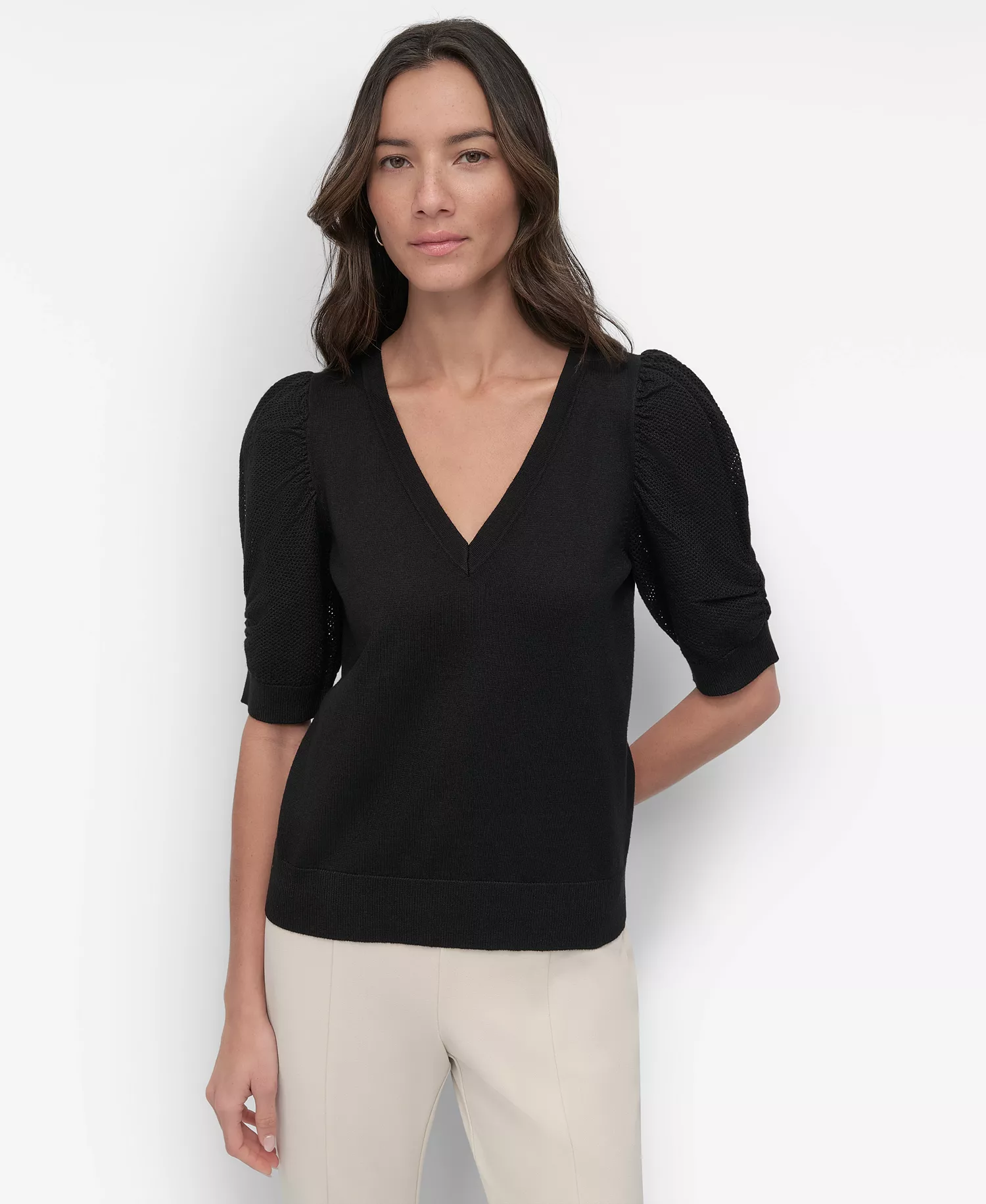Women's Puff-Sleeve V-Neck Sweater - Black - L