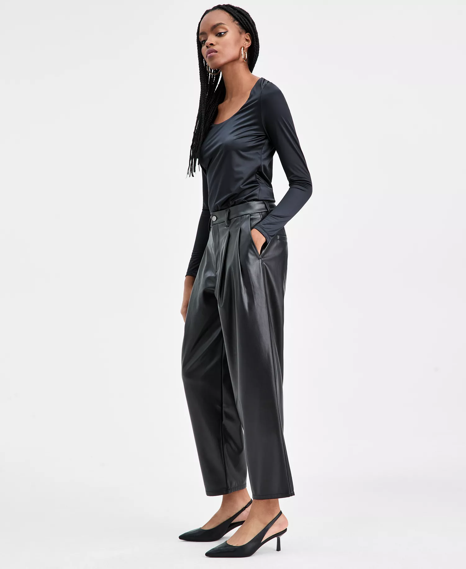 Women's Faux Leather Barrel-Leg Pants, Macy's Exclusive - Black - 0