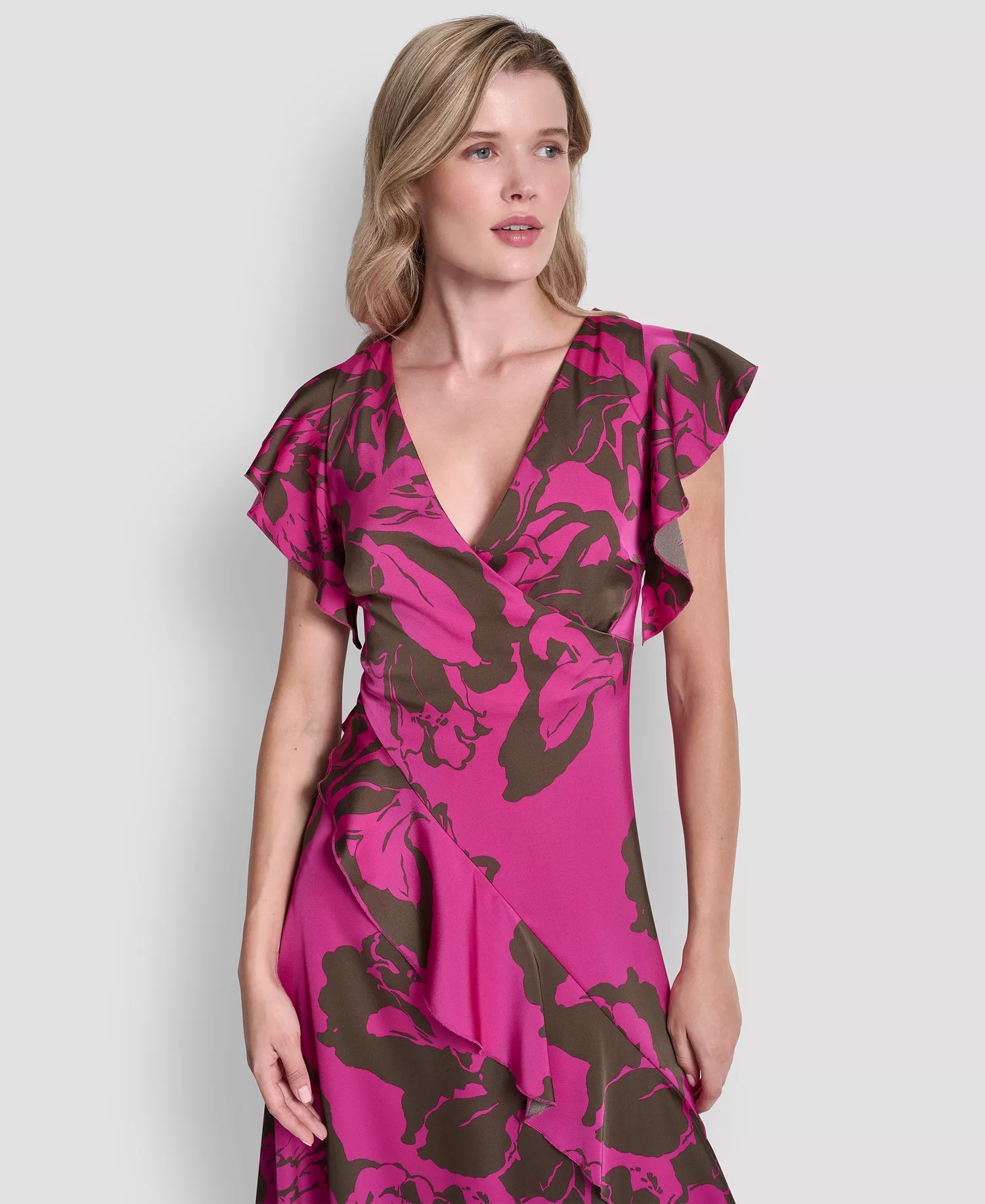 Women's Cap-Sleeve Surplice Neck Ruffle Midi Dress - Rose Violet/Morel - 10
