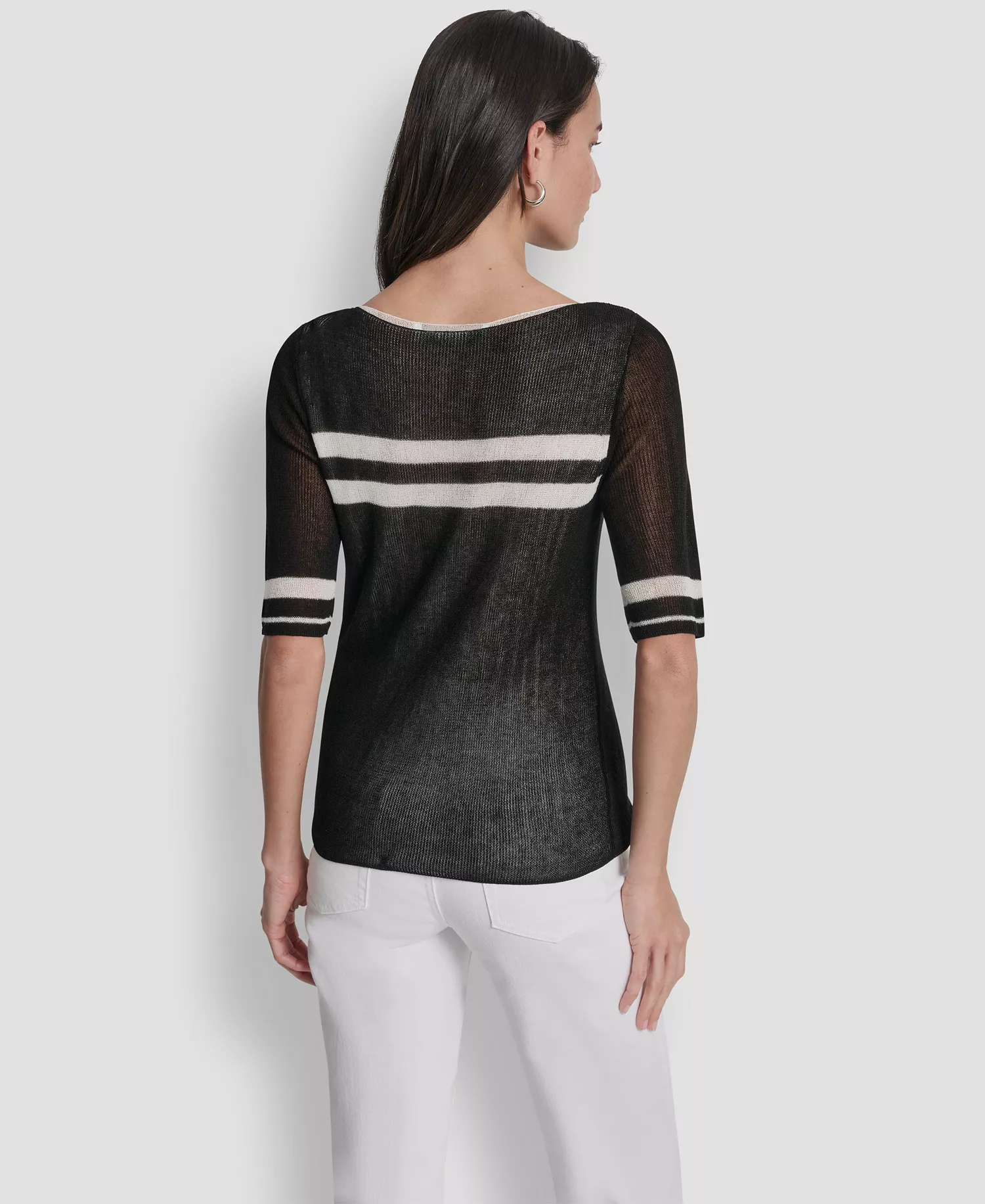 Women's Boat Neck Elbow-Sleeve Stripe Sweater - Black/ivory - L