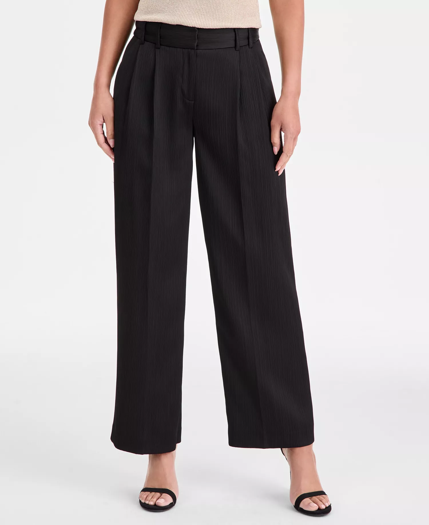 Petite Crinkle-Pleat Wide-Leg Pants - Black - 10P