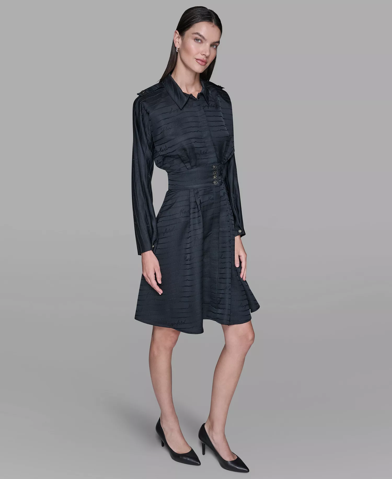 Women's Tonal Long-Sleeve Collared Jacquard Dress - Black - 10
