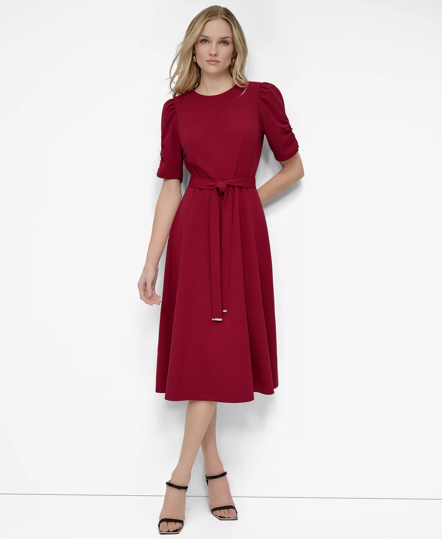 Women's Ruched-Sleeve Belted Fit and Flare Midi Dress - Beet - 10
