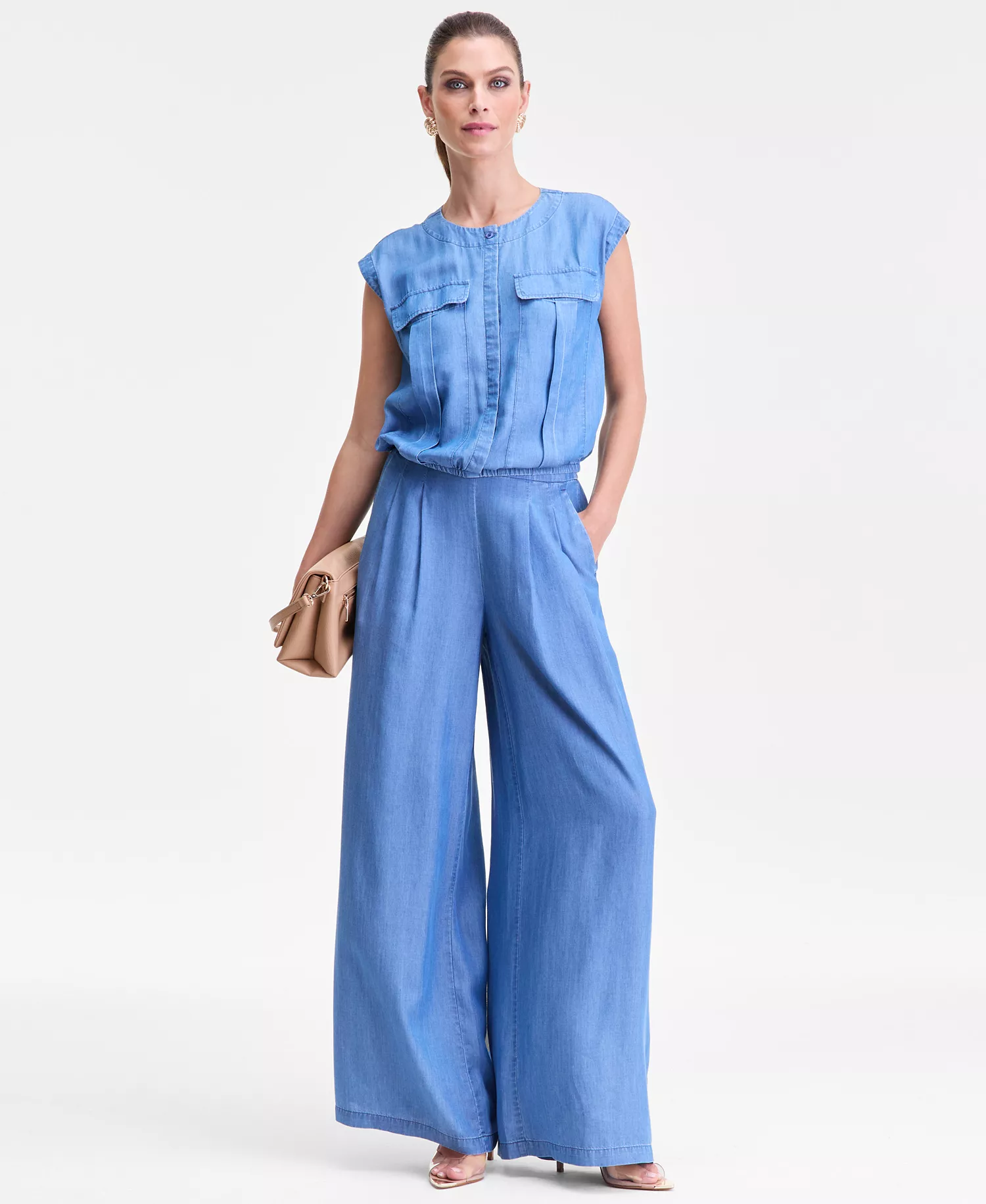 Women's Sleeveless Chambray Utility Shirt, Macy's Exclusive - Medium Indigo - L
