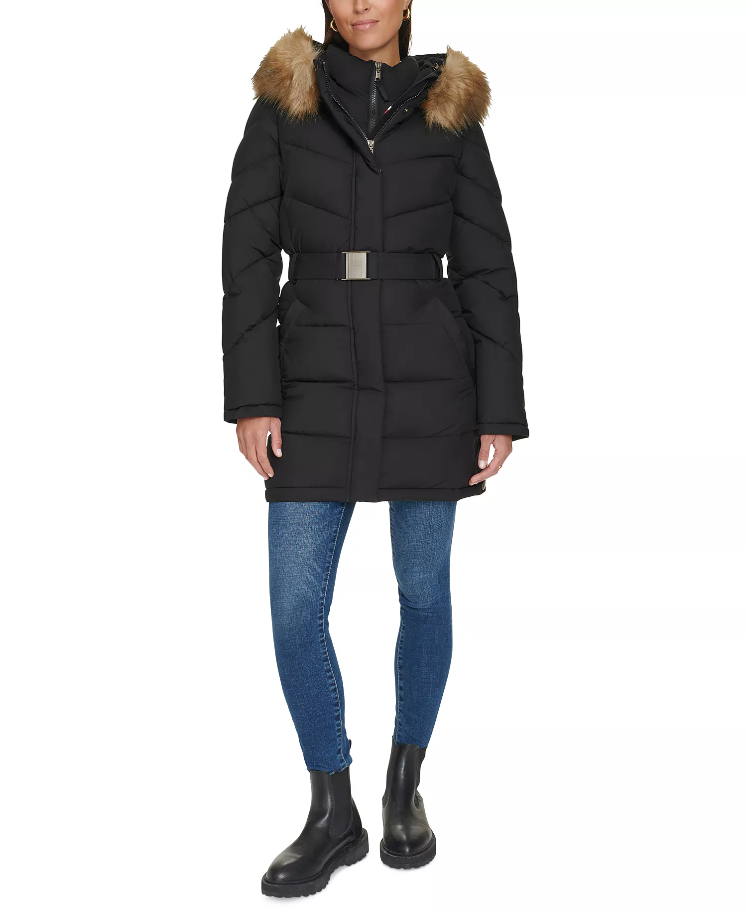 Women's Faux-Fur-Trim Hooded Puffer Coat, Created for Macy's - Black - L