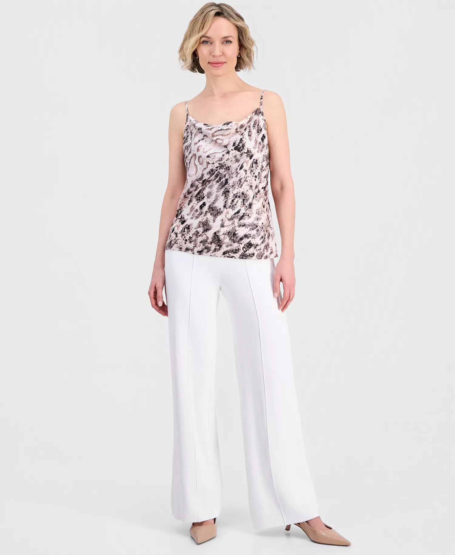 Women's Printed Cowl-Neck Satin Tank Top - Mocha Snake - L