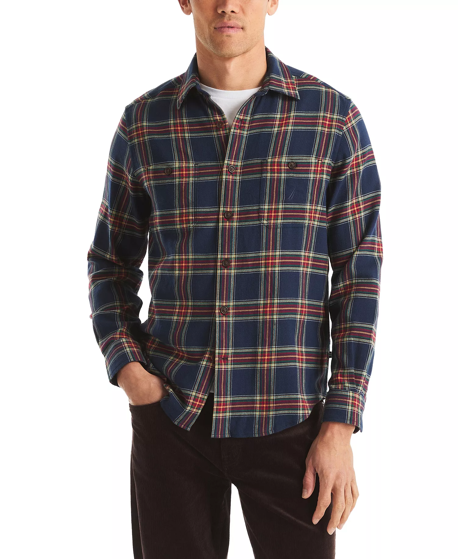Men's Long Sleeve Stretch Flannel Plaid Shirt - Navy Seas - 2XL