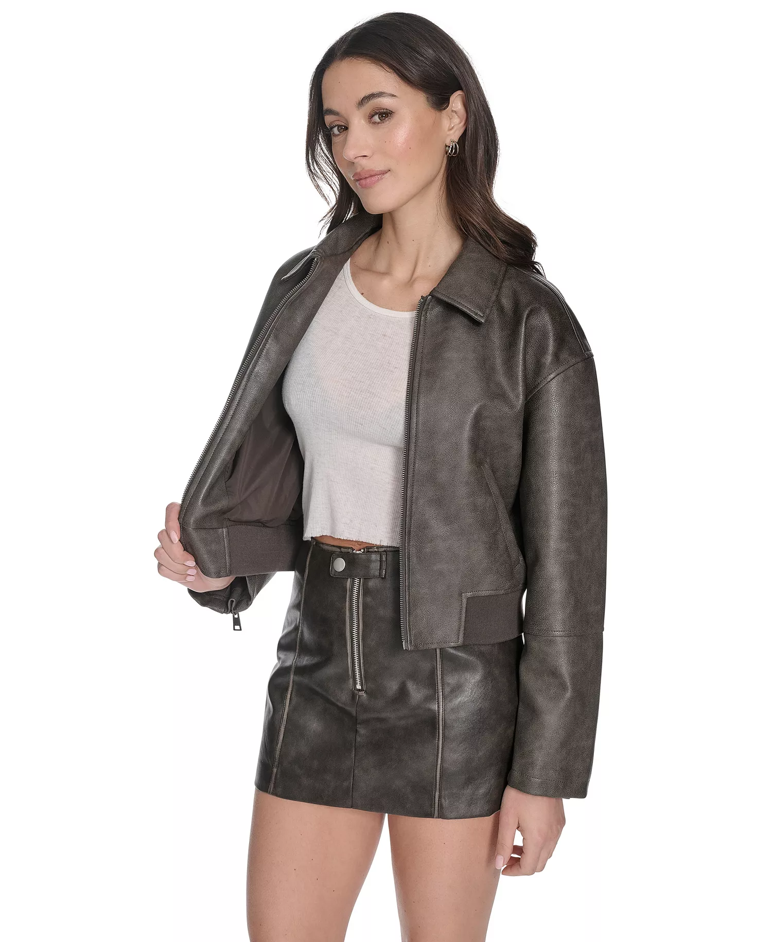 Women's Faux Leather Lightweight Bomber Jacket - Ash - L
