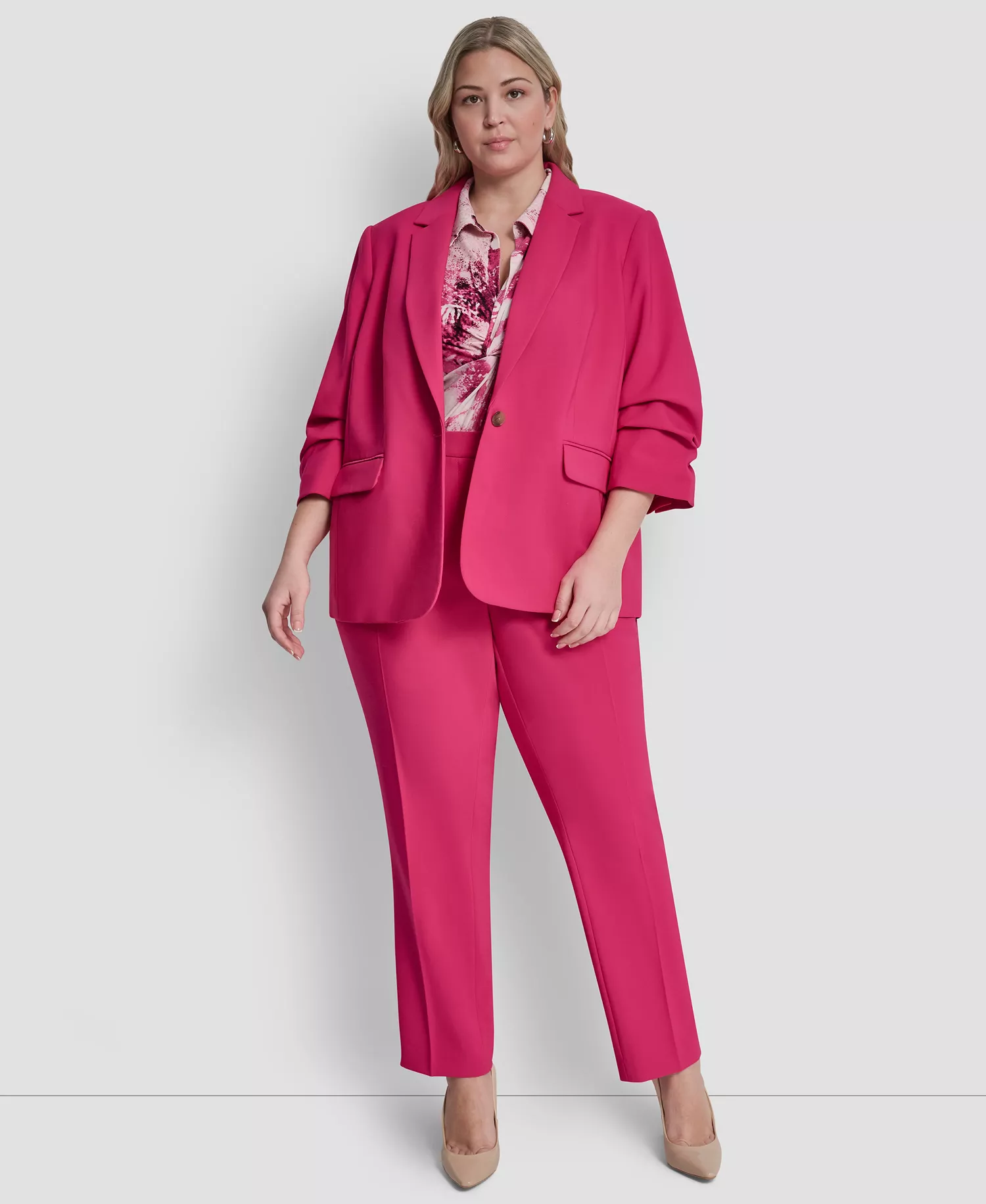 Plus Size 1-Button Ruched-Sleeve Blazer - Hot Pink - 14W