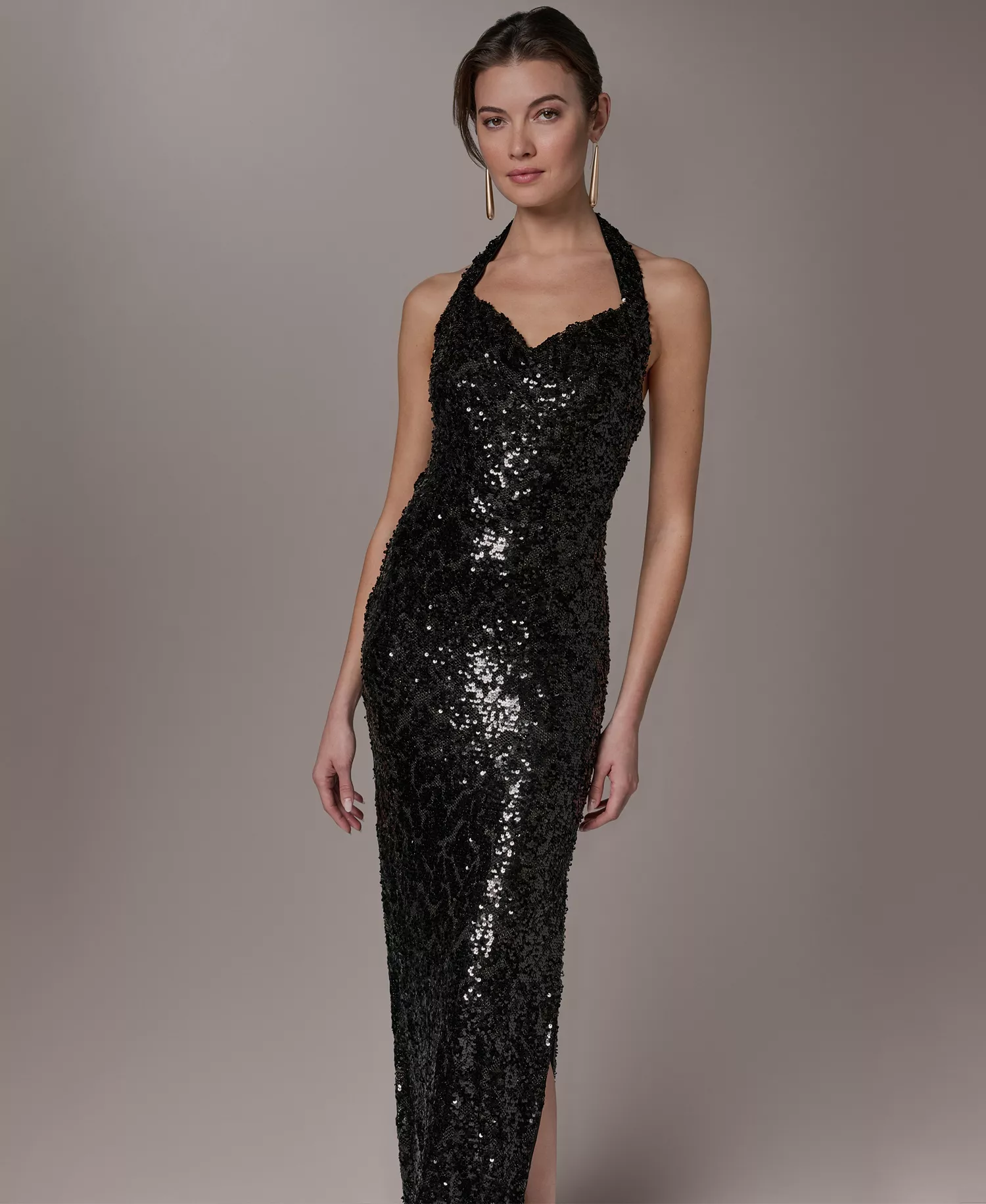 Women's Sequin Halter Neck Ball Gown - BLACK - 10