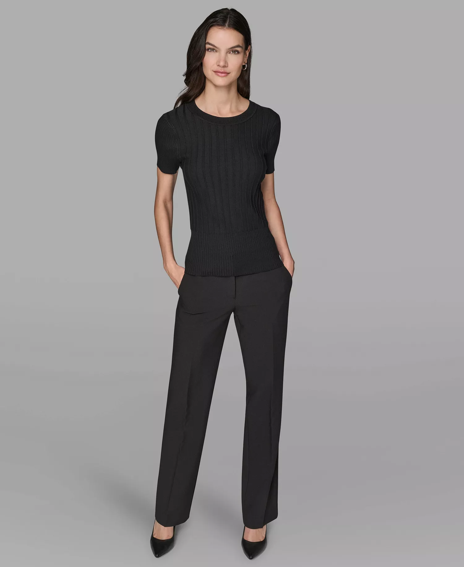 Women's Short Sleeve Sweater Knit Top - Black - L