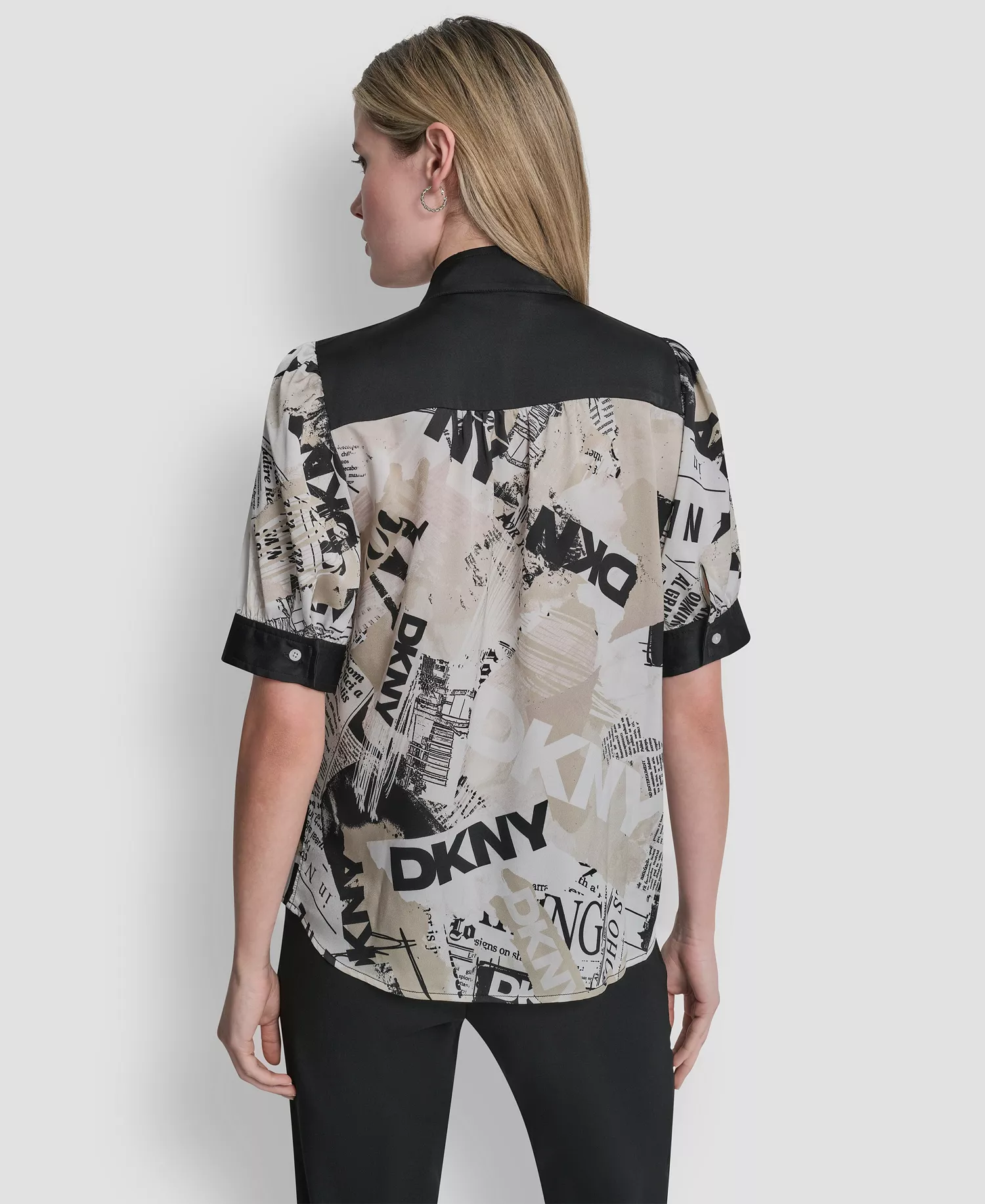 Women's Newspaper-Print Woven Blouse - Ivory/Black Multi - L