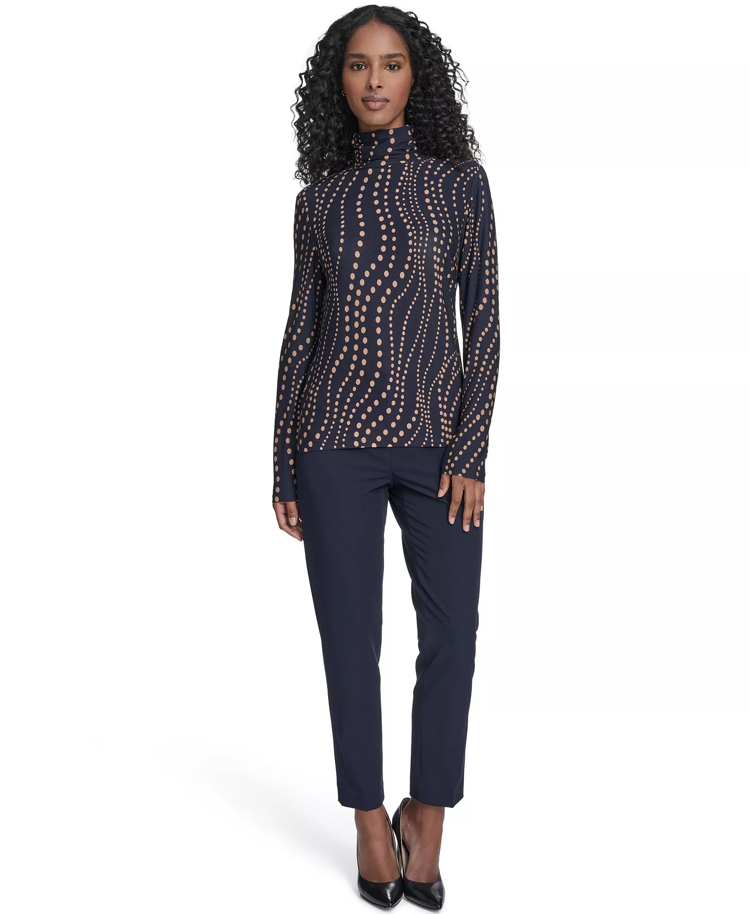 Women's Long Sleeve Cascade Dot Turtleneck Top - Midnight/ Brown Sugar - L