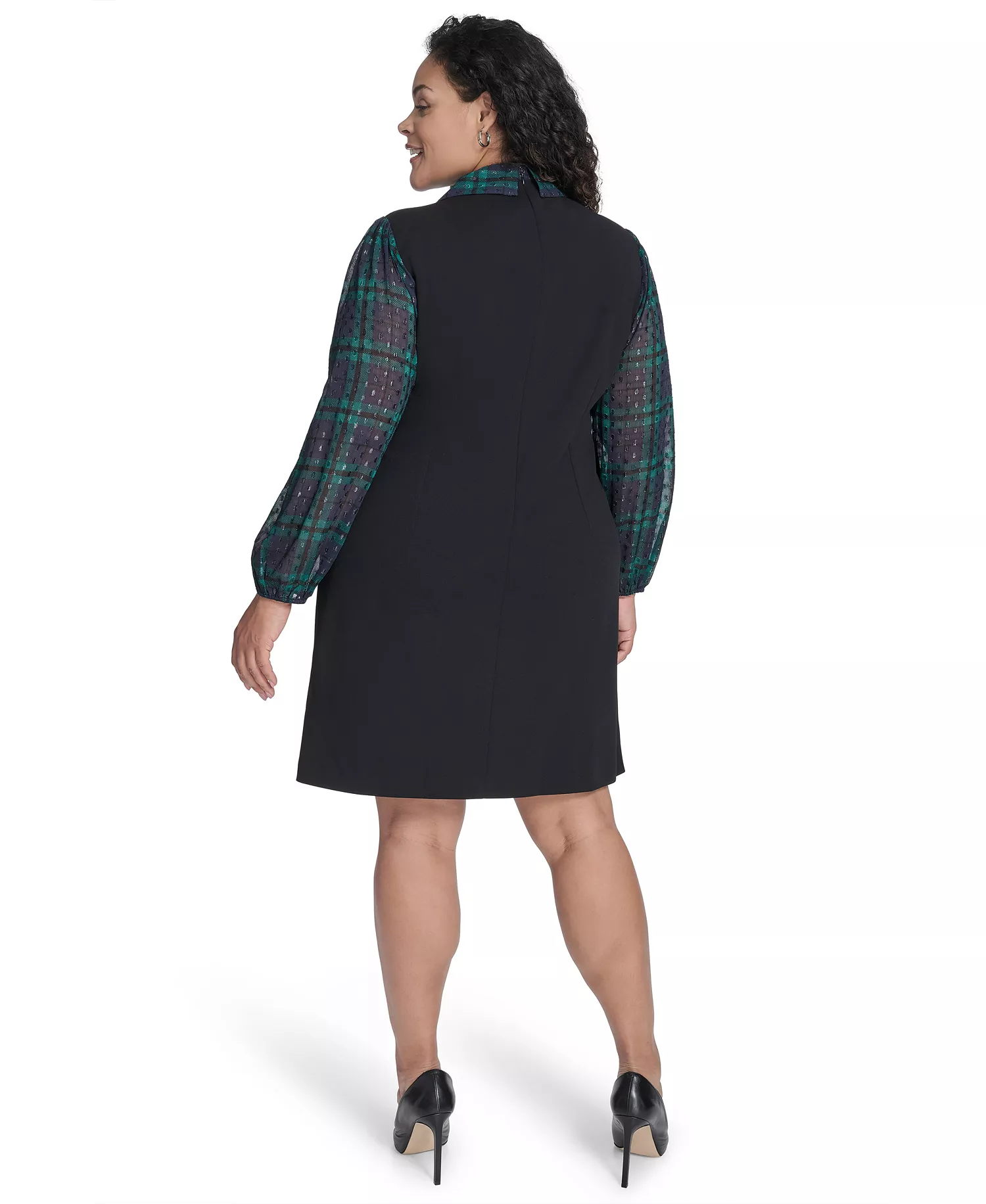 Plus Size Long Sleeve A-line Dress - Black/Midnight/Green - 14W