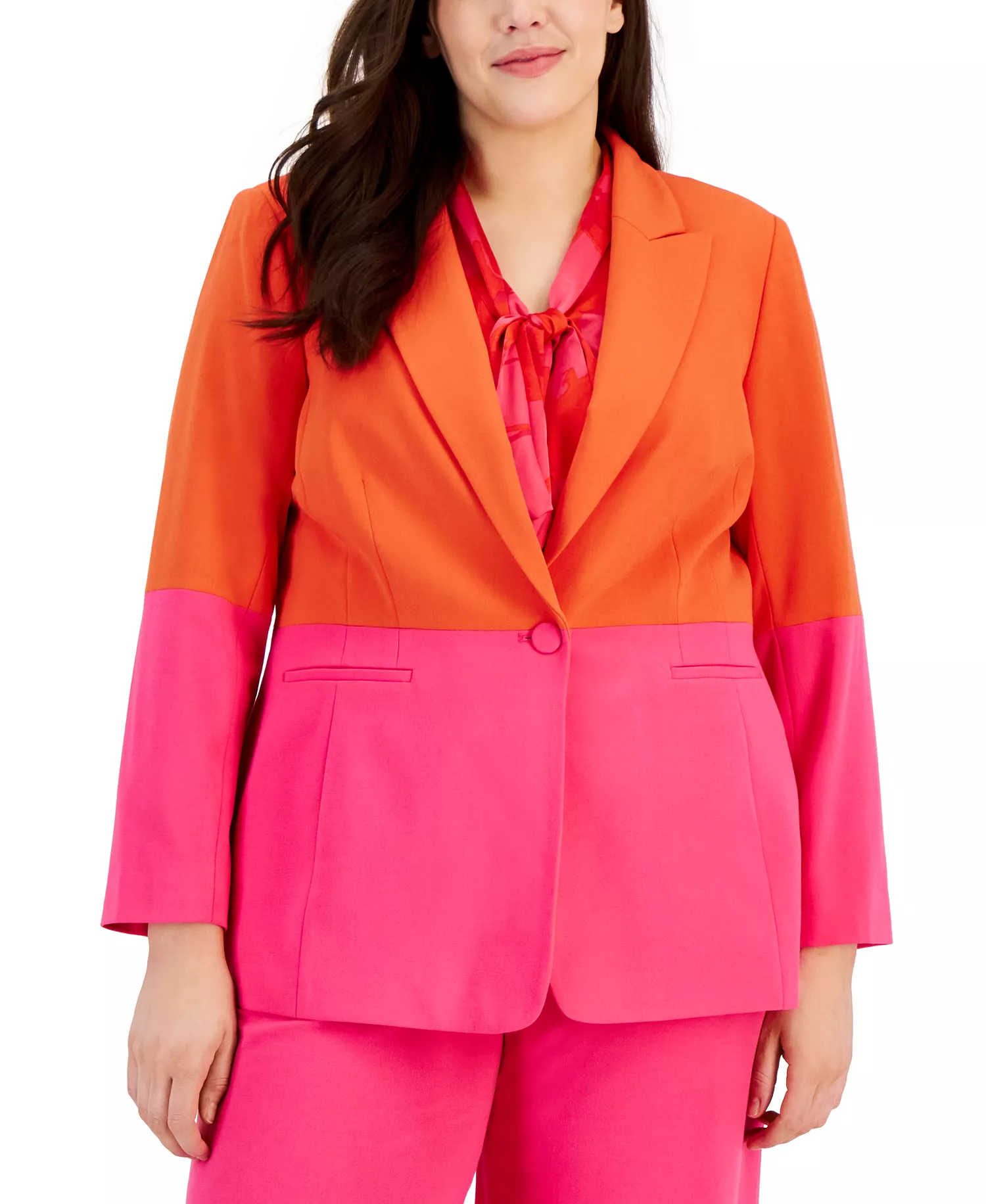 Plus Size Color-Blocked Boyfriend Blazer, Printed Blouse & Wide-Leg Pants - Hot Pink/Tomato - 24W