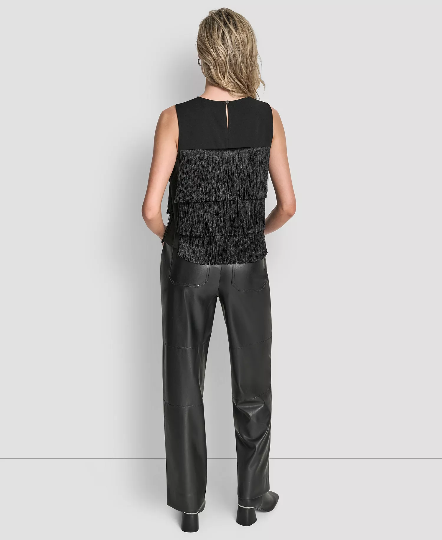 Women's Tiered Fringe Sleeveless Blouse - Black - L