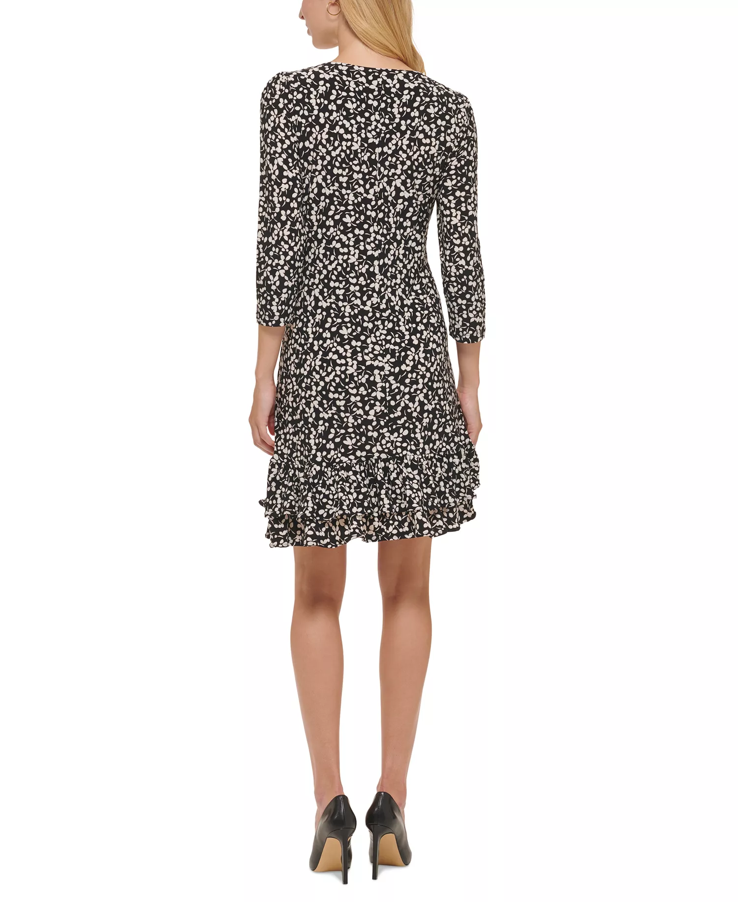 Women's Floral-Print Shift Dress with Ruffled Hem - Black,whitecap - 10