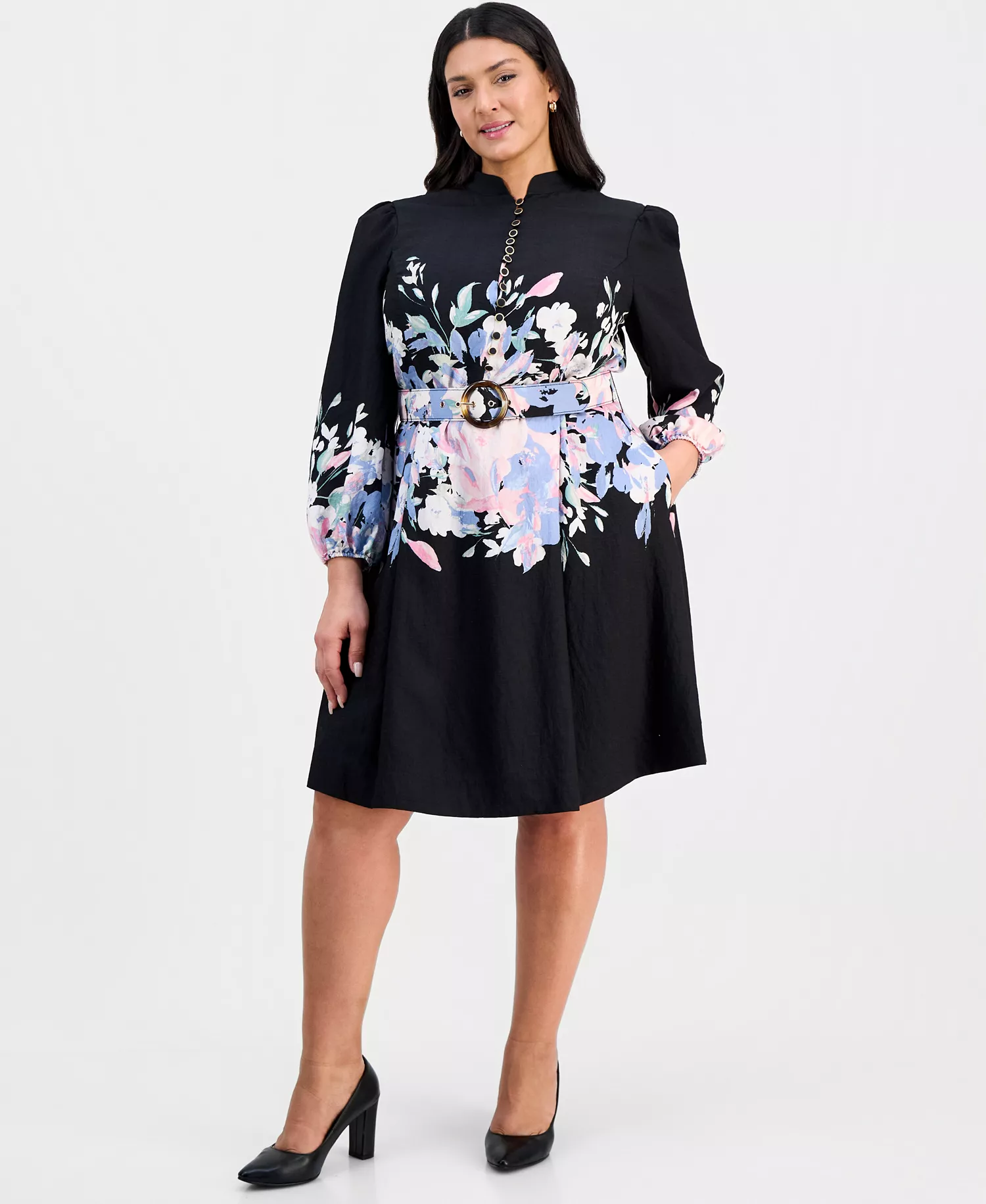 Plus Size Belted Floral Print Fit & Flare Dress - Black Multi - 14W