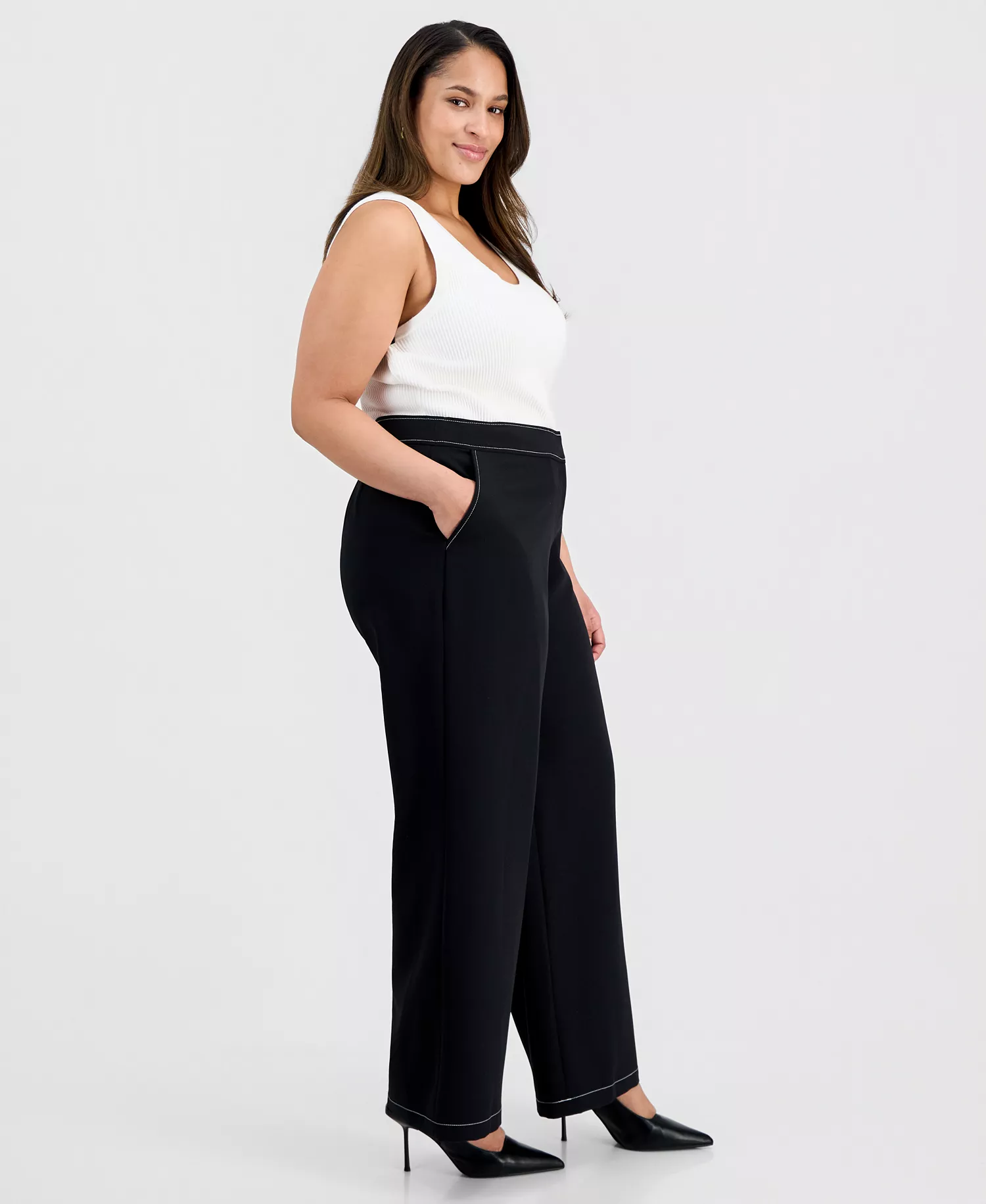 Plus Size Mid-Rise Wide-Leg Pants - Black White - 14W