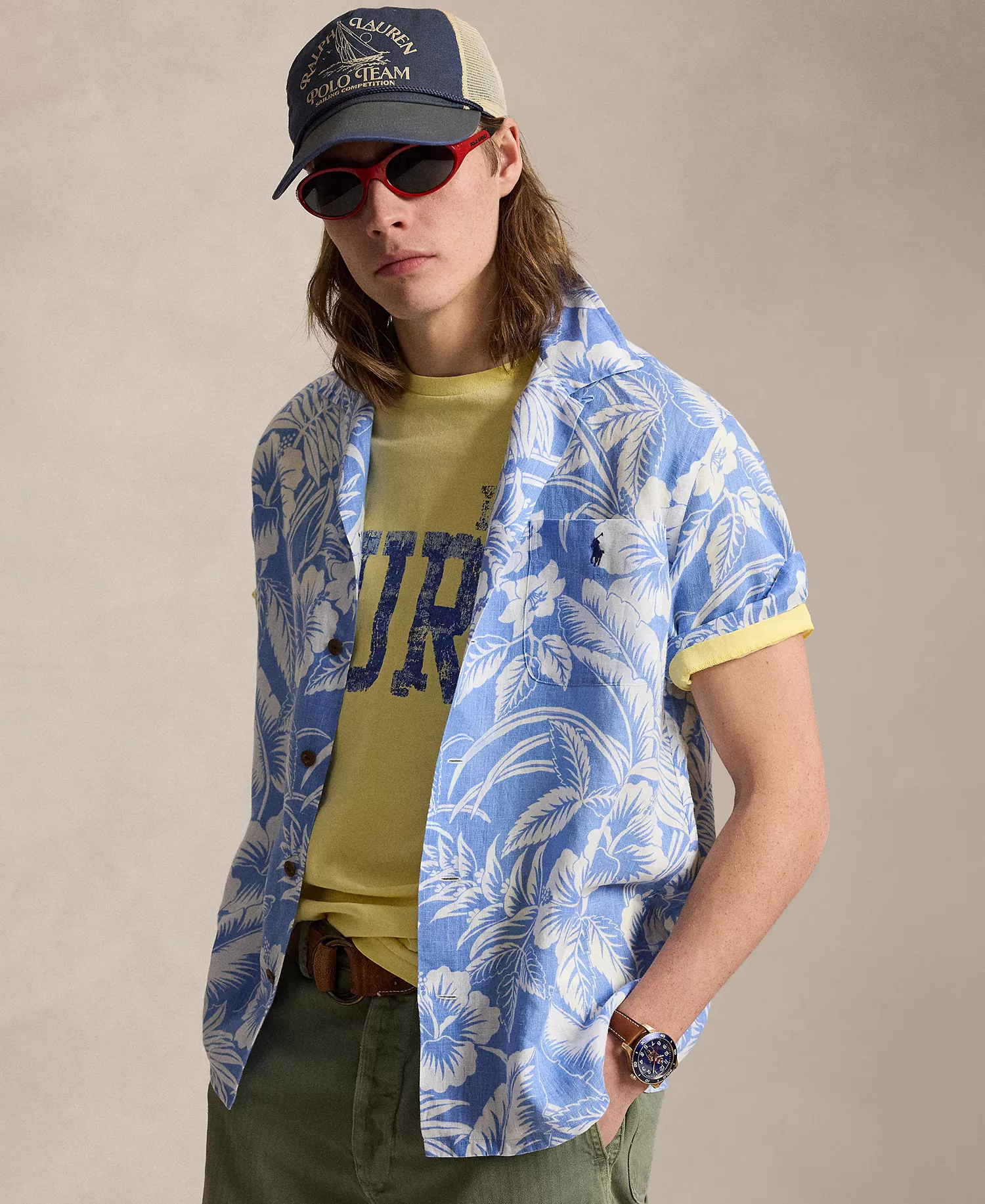 Men's Short-Sleeve Linen Button-Up Shirt - Blue Sweetheart Floral - 2XL