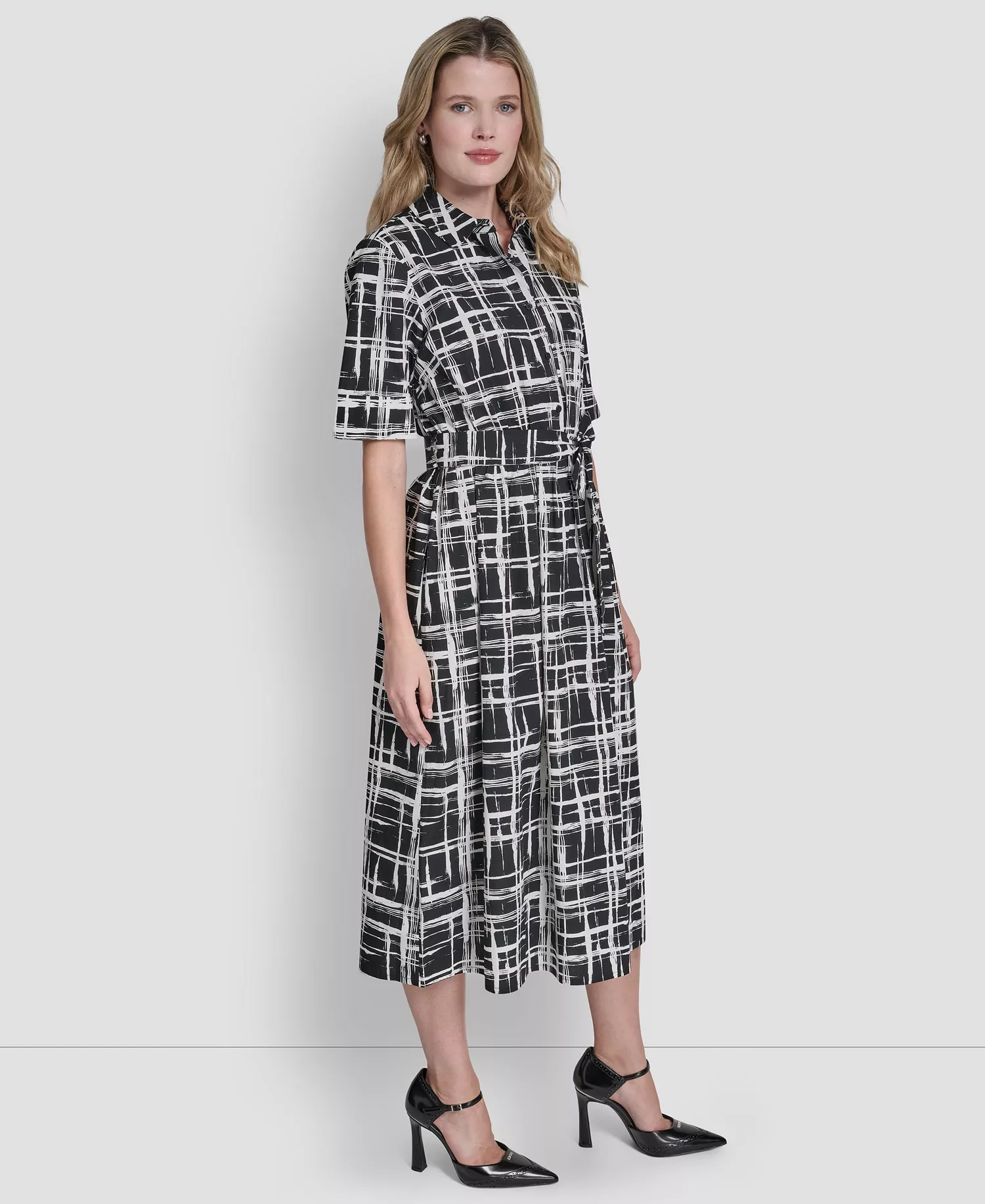 Women's 3/4-Sleeve Collared Neck Cotton Midi Shirt Dress - Black/Ivory - 10