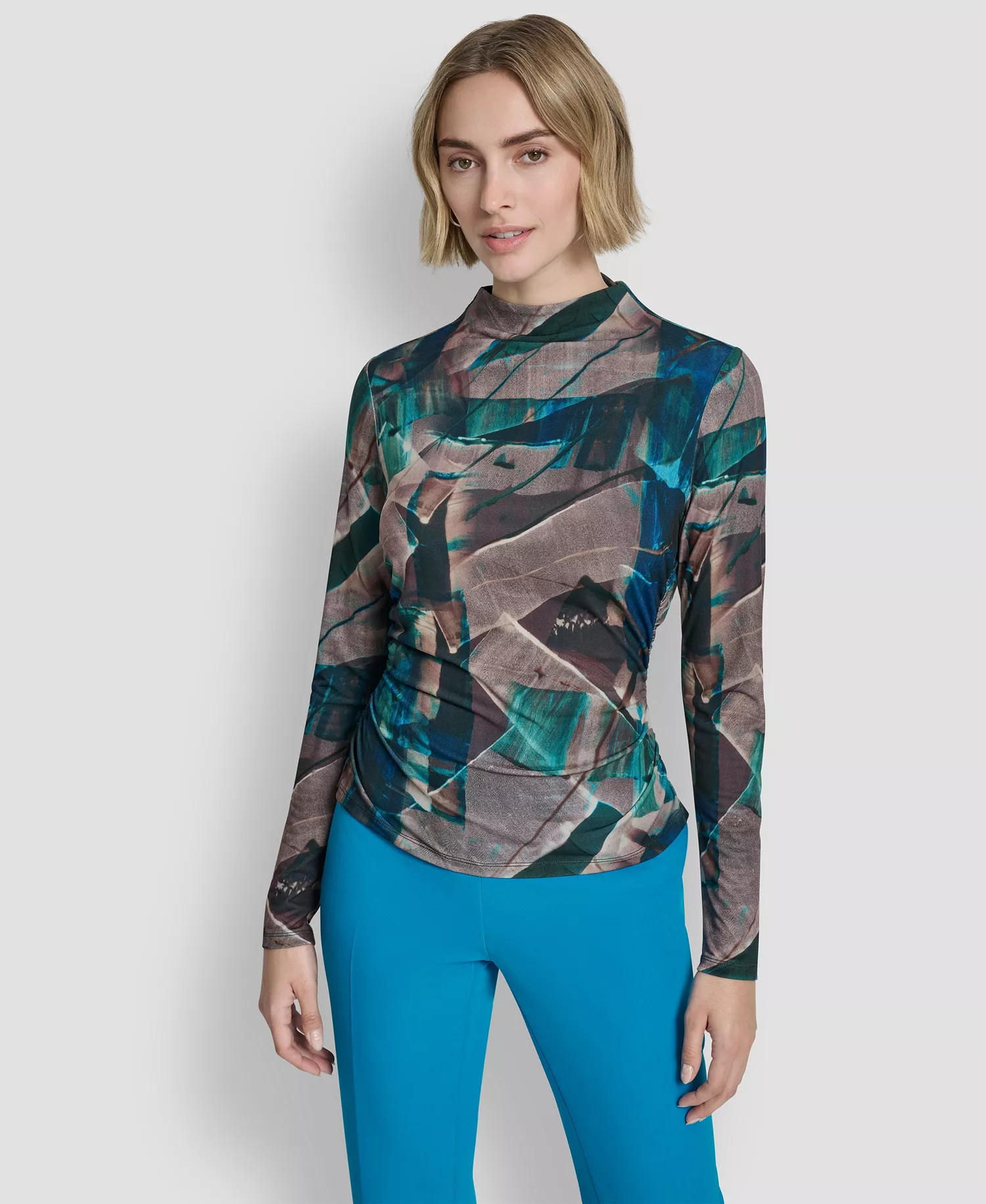Women's Mock Neck Long Sleeve Top - City Taupe/ocean Blue Multi - L