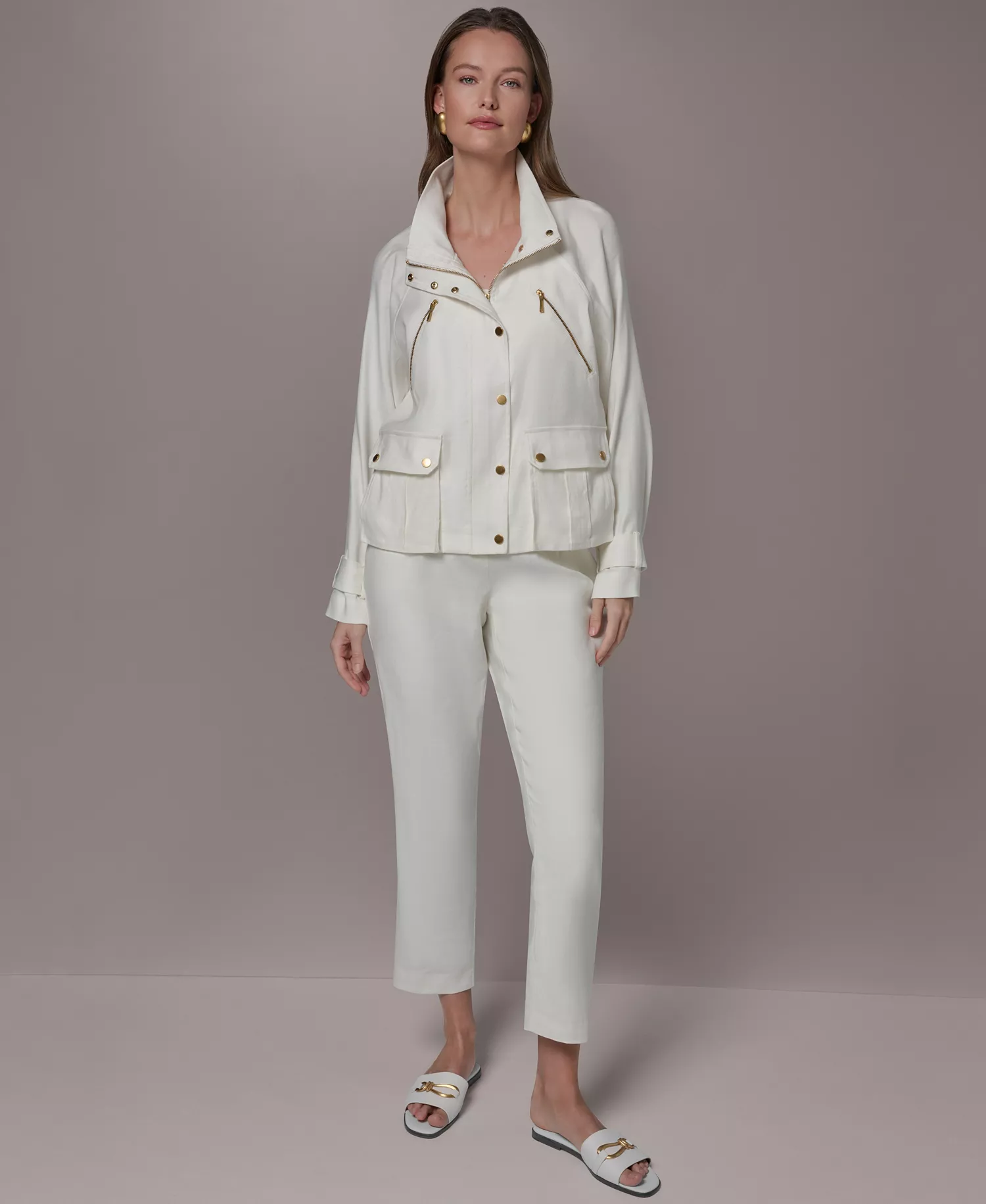 Women's Zipper Patch Pocket Jacket - Cream - L