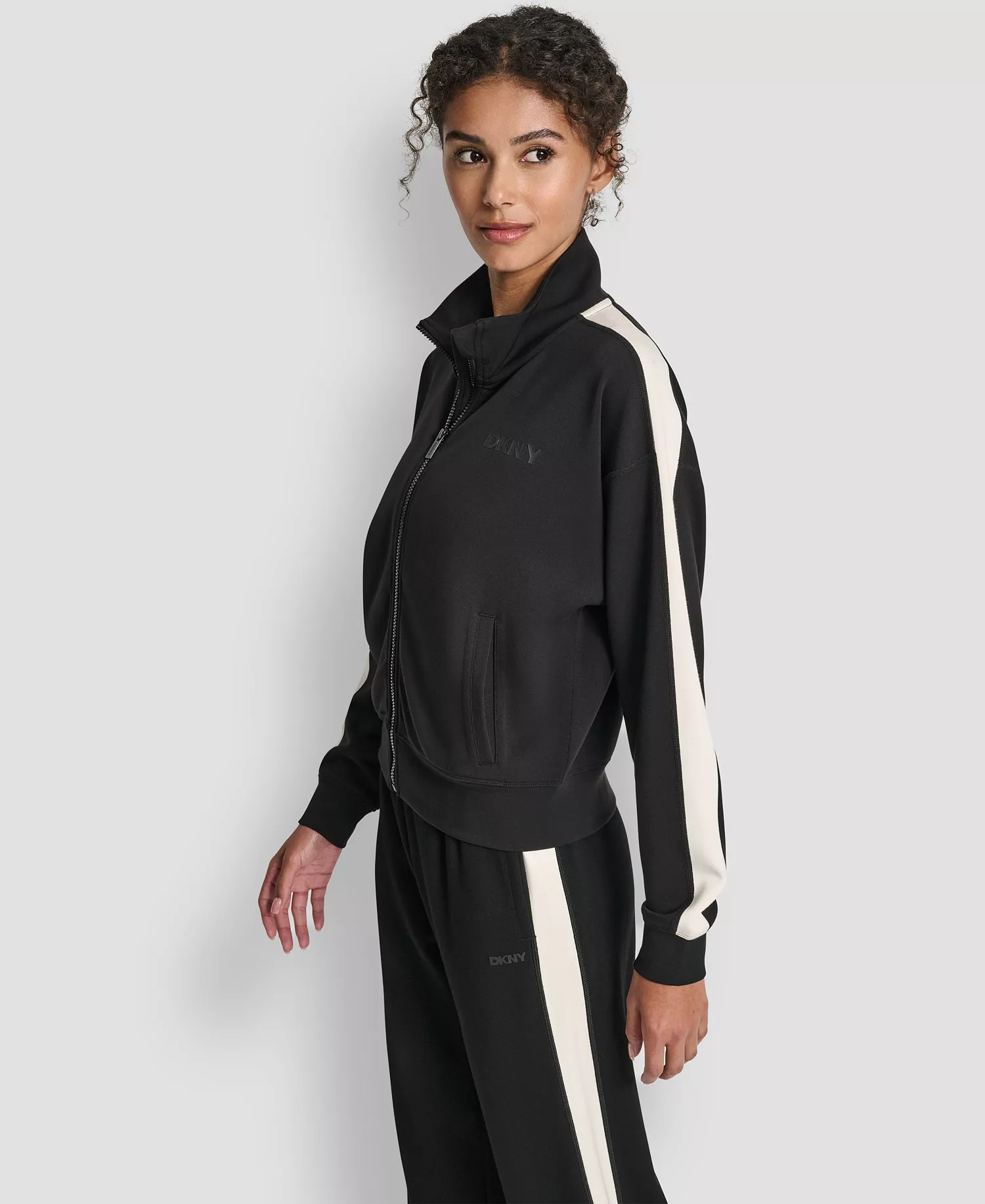 Women's Full Zip Mock Neck Track Jacket - Black/Eggnog - L