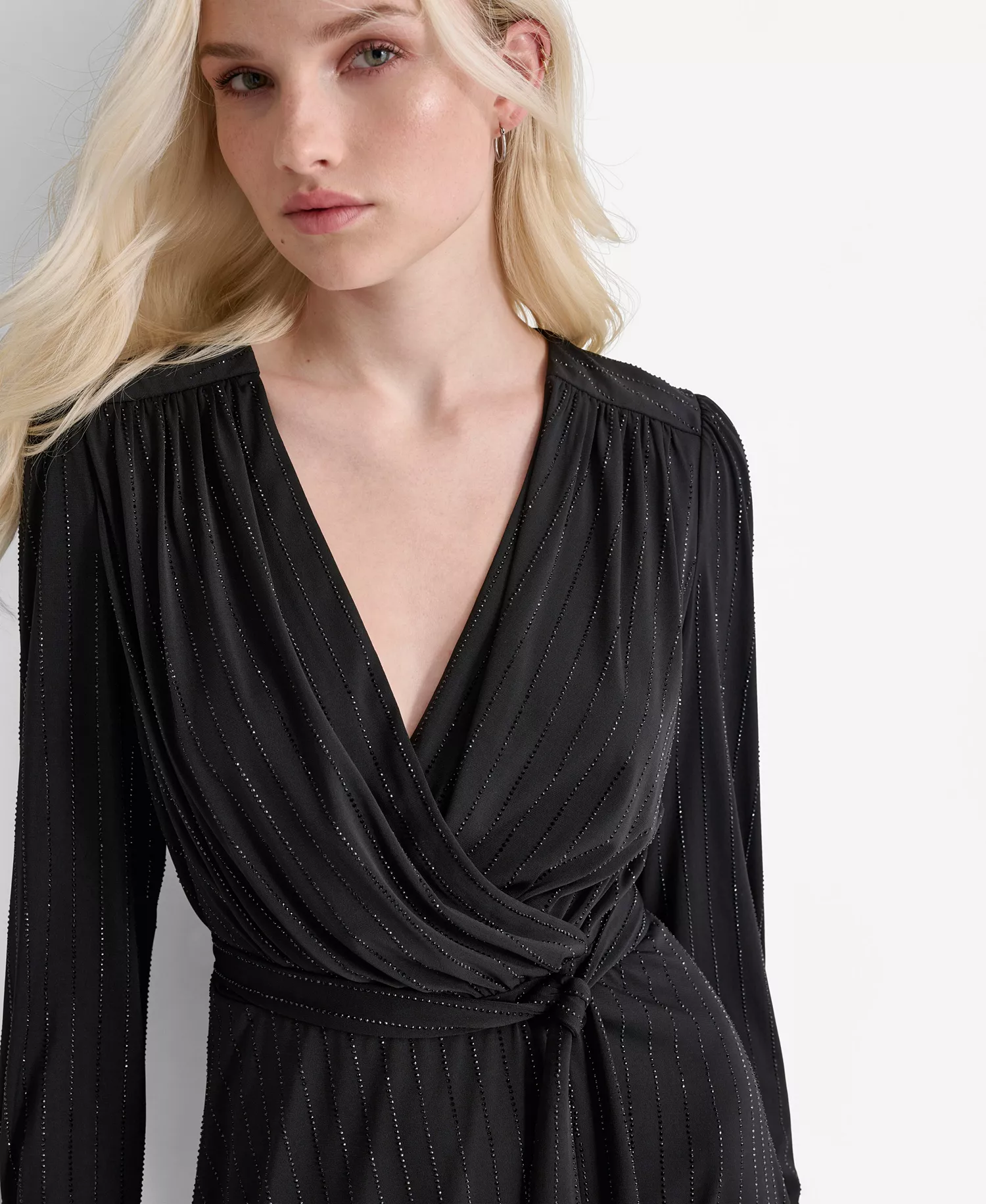Women's Long Sleeve Surplice Faux Wrap Dress - Black - 10