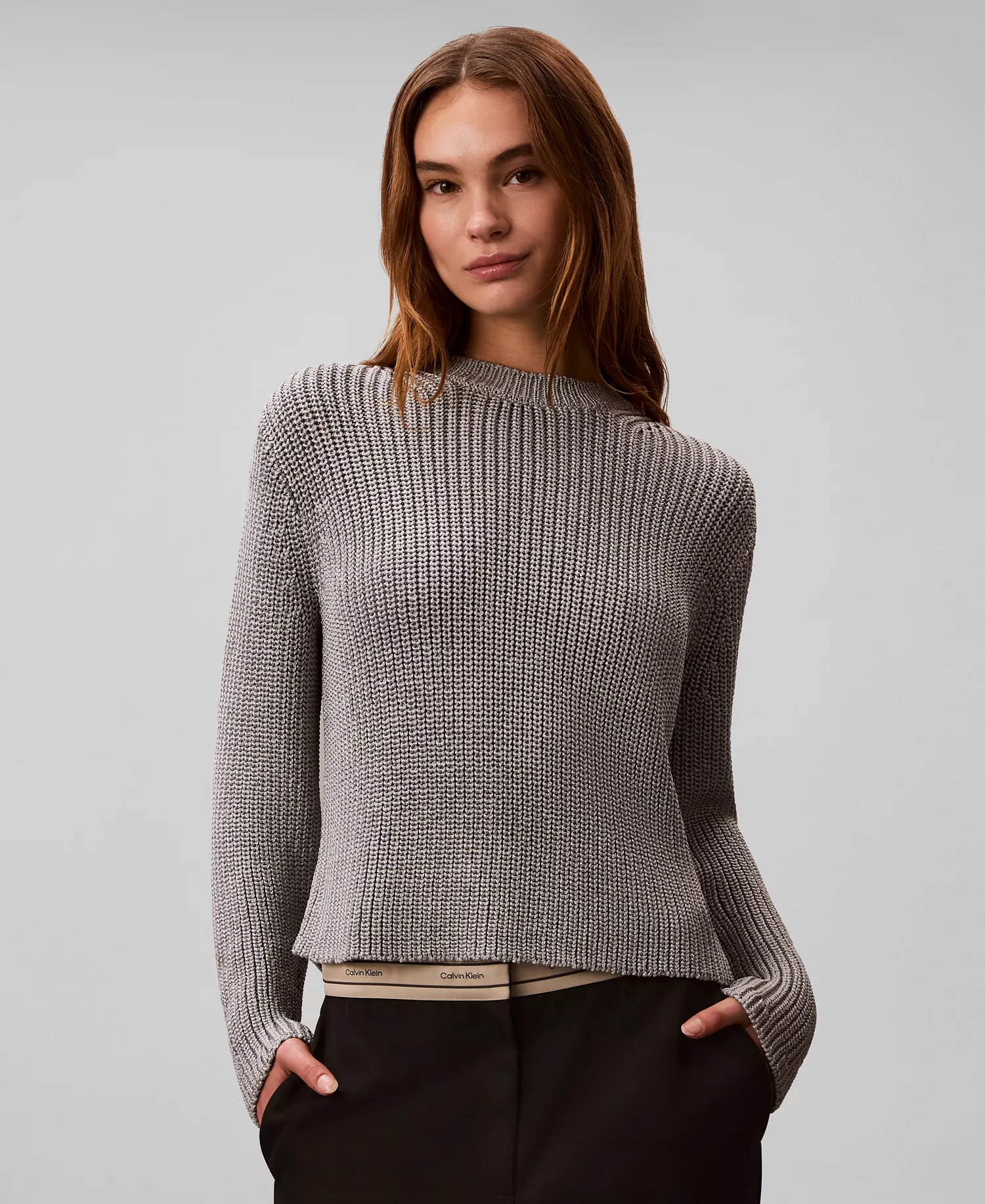 Women's Pull-On Ribbed Relaxed Sweater - Silver - L