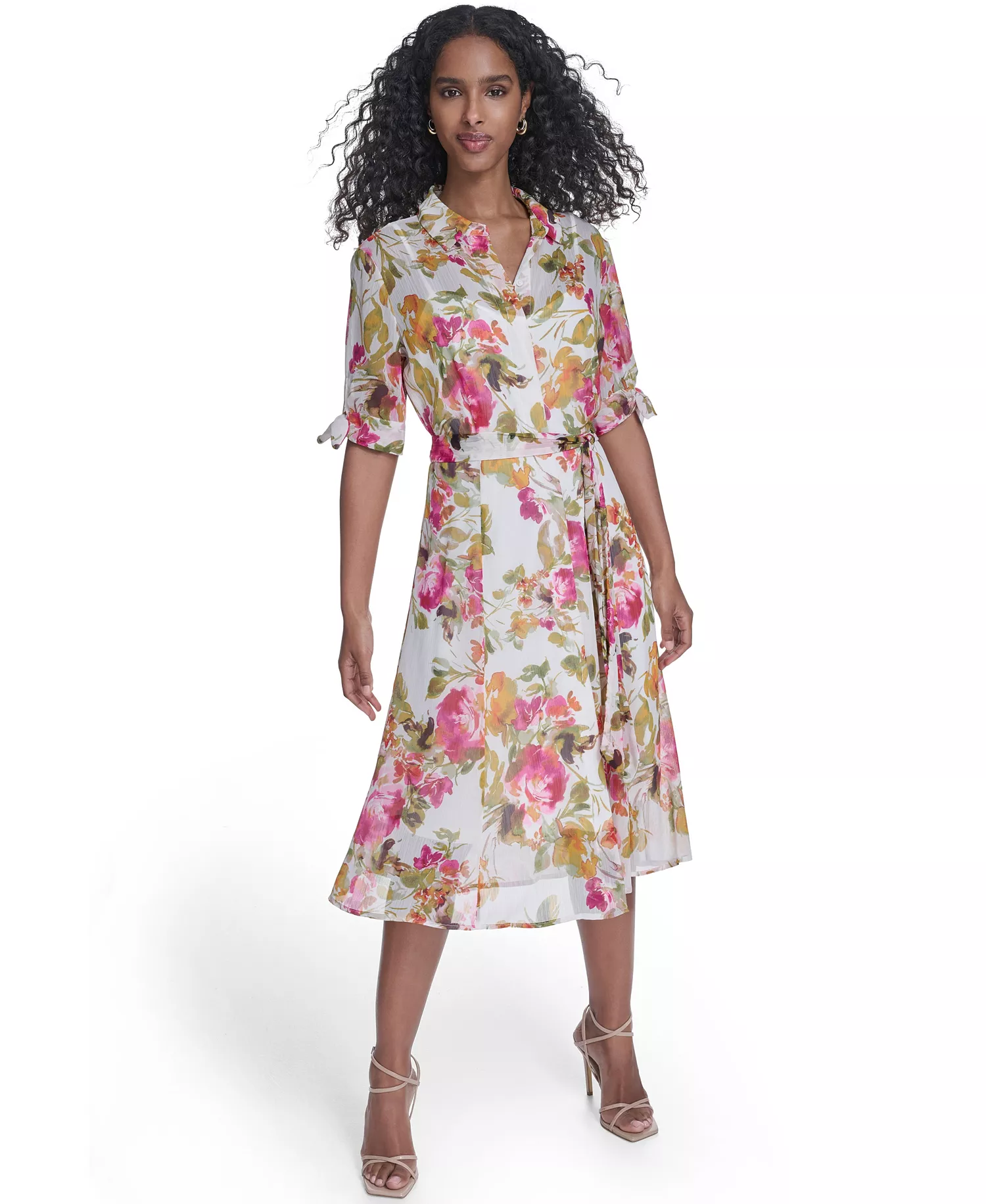 Women's Tie-Sleeve Printed Midi Dress - Berry Multi - 10
