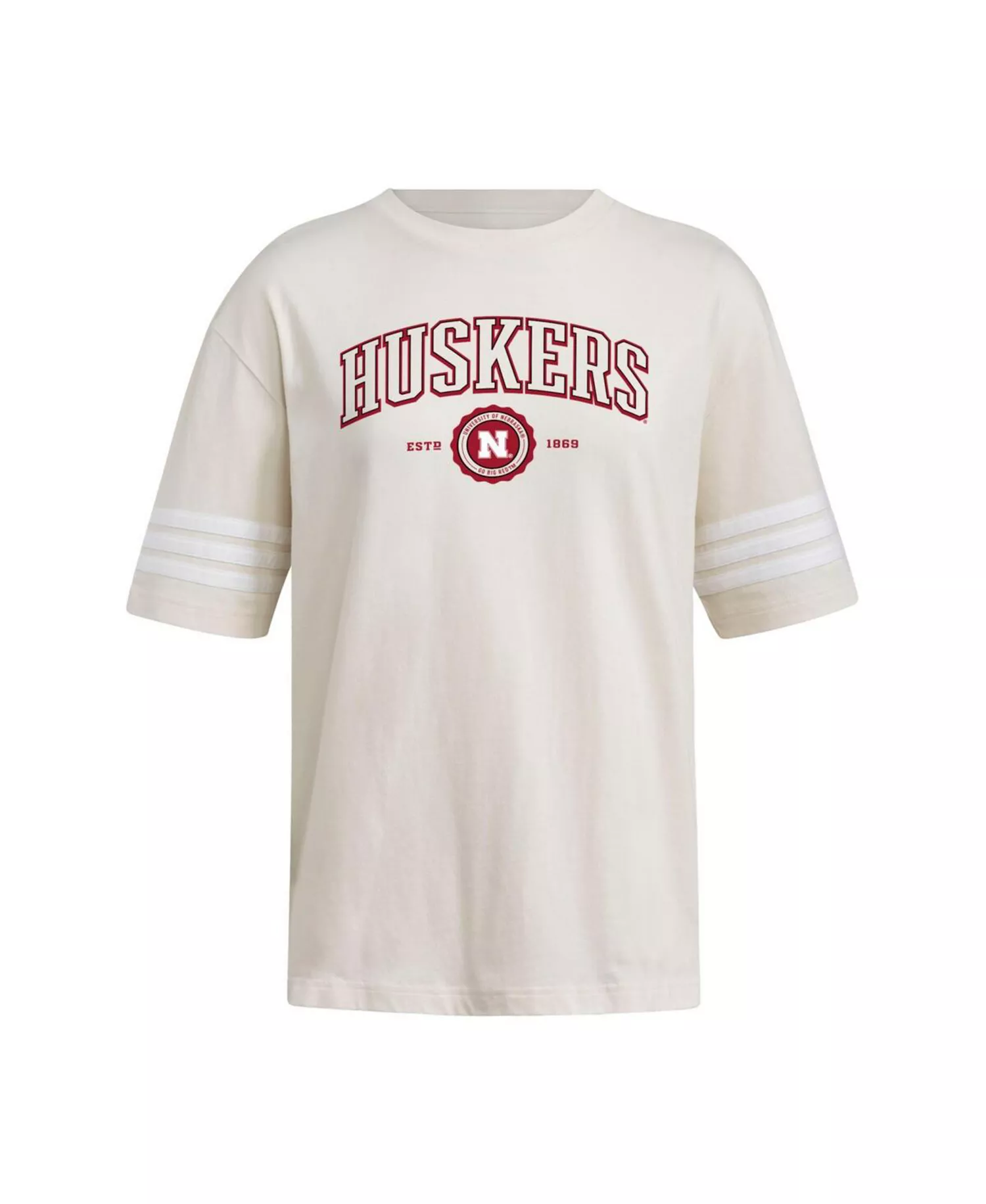 Women's Cream Nebraska Huskers Fashion Three-Stripes Oversized T-Shirt - Cream - L
