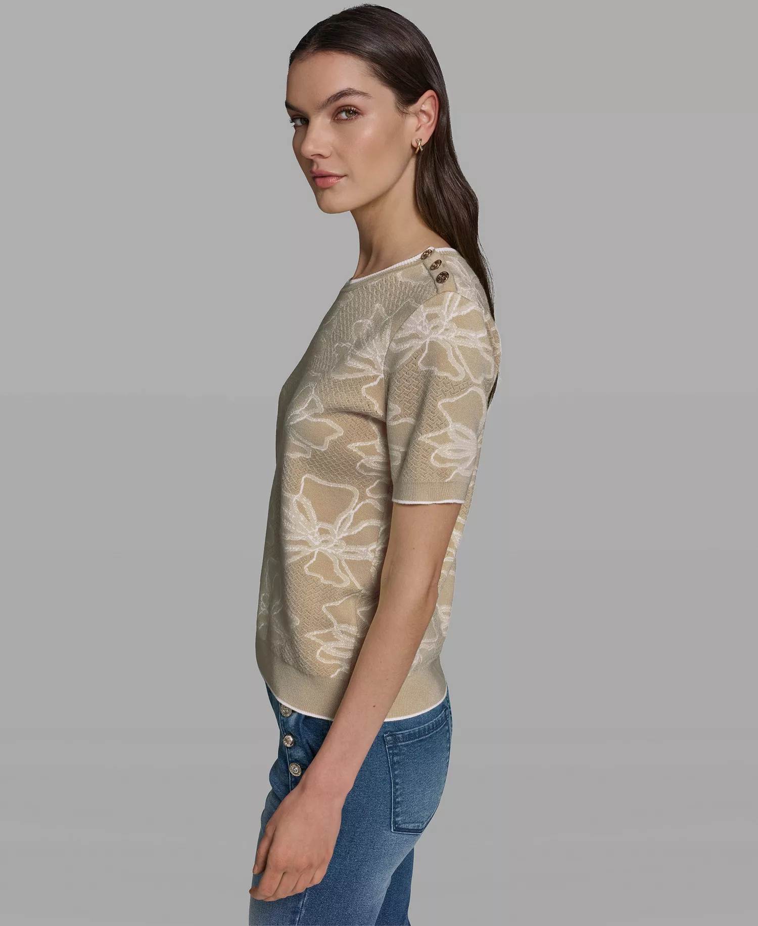 Women's Flower Print Short-Sleeve Sweater - French Beige/soft White - L