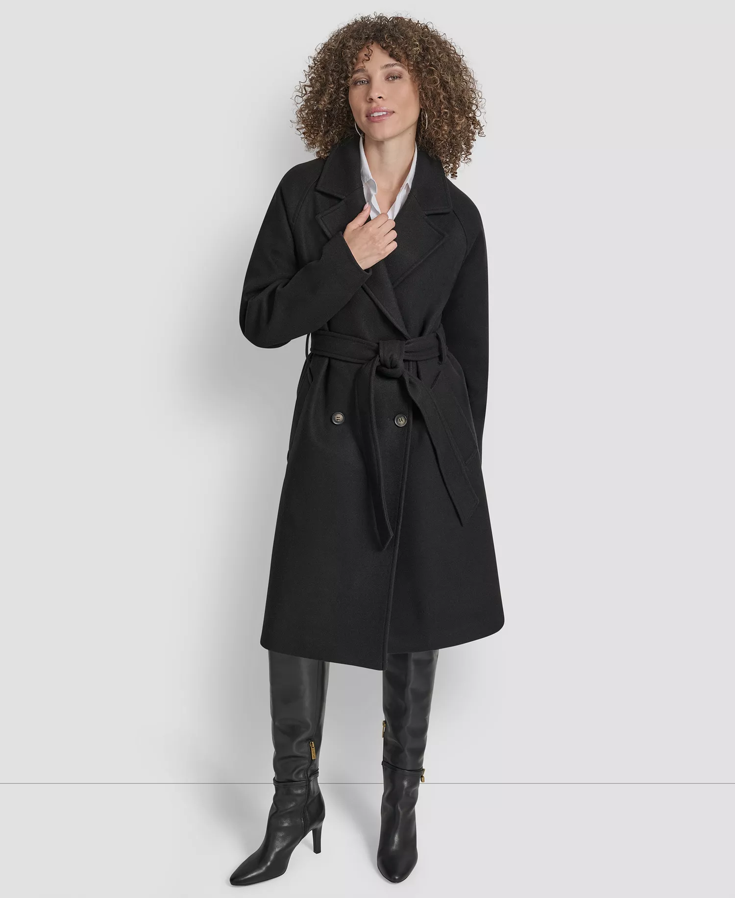 Women's Belted Notch Collar Coat - Black - L