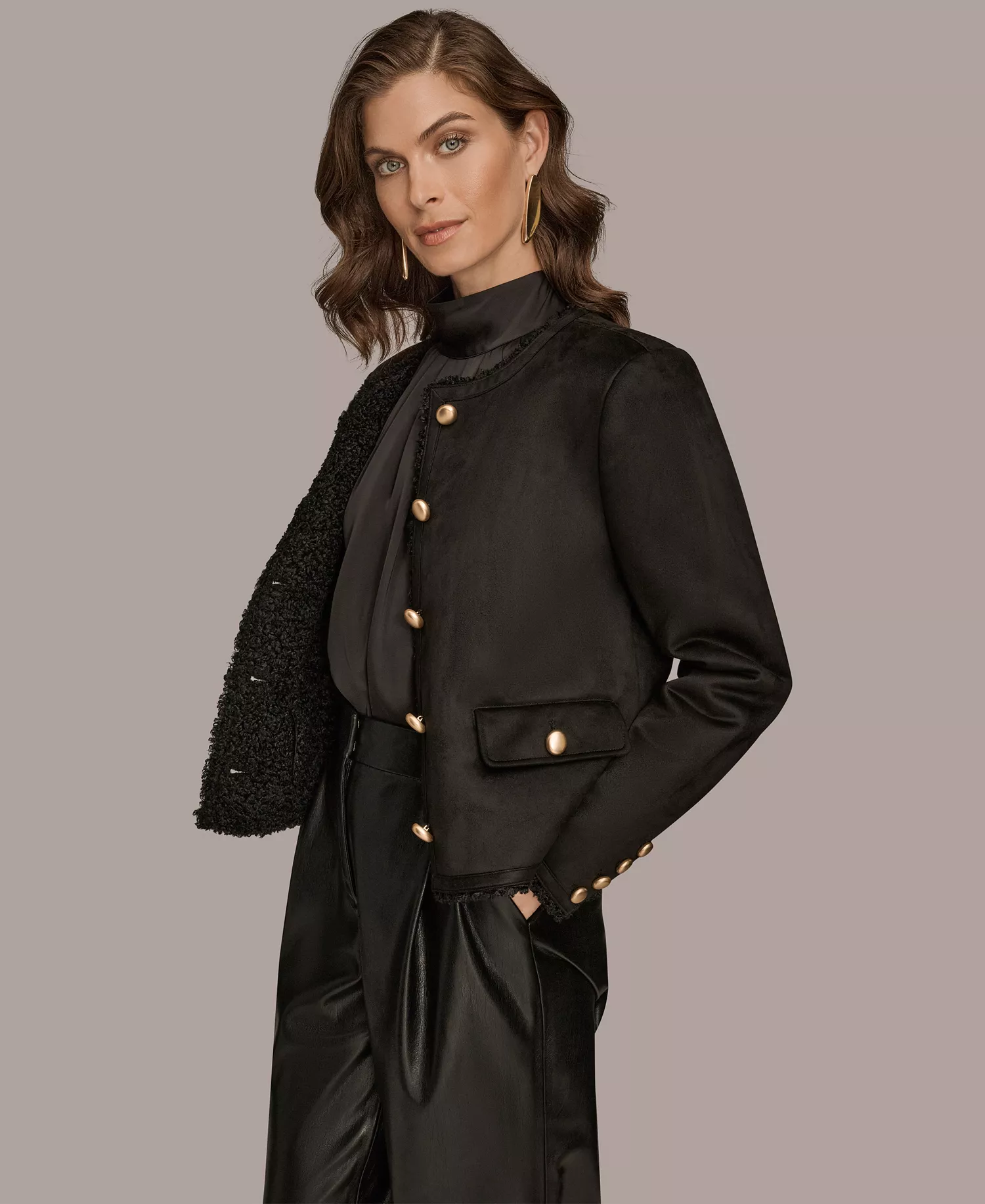 Women's Button Front Boxy Coat - Black - L