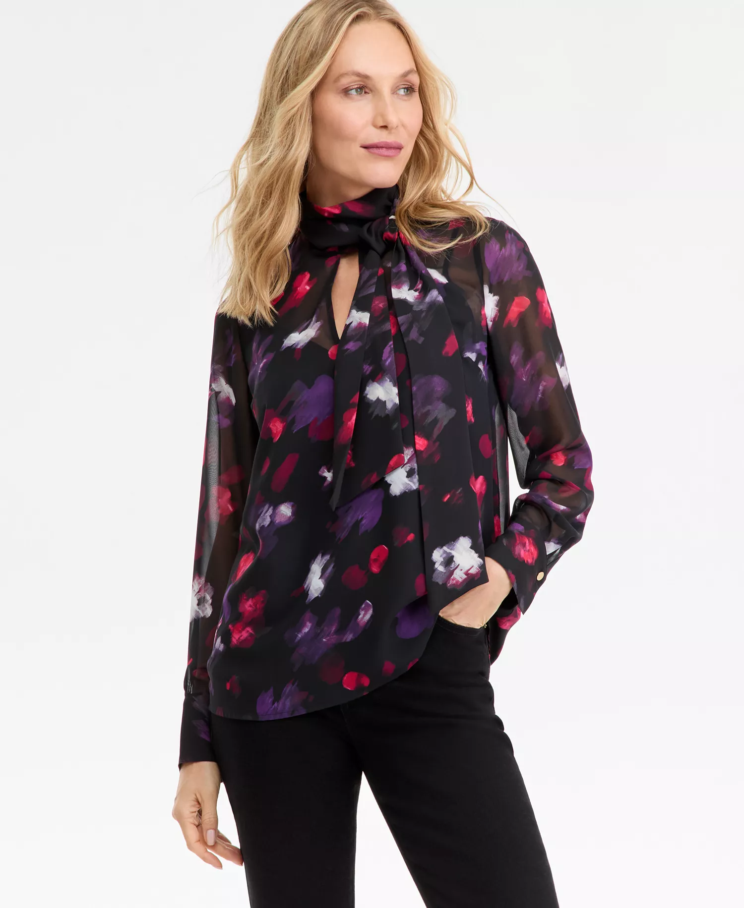 Women's Long-Sleeve Tie-Neck Blouse, Macy's Exclusive - Ava Blooms - L