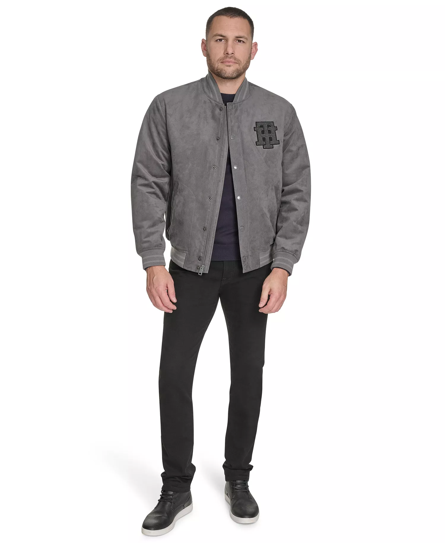 Men's Faux Suede Varsity Bomber with Patches - Gray - 2XL