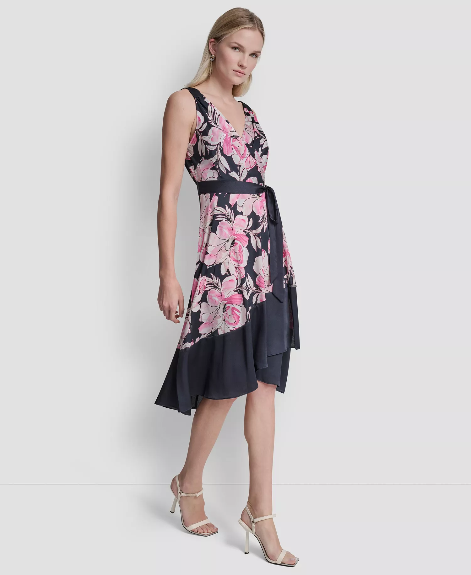 Women's Surplice Neck Asymmetrical Hem Dress - Spring Navy Multi - 10