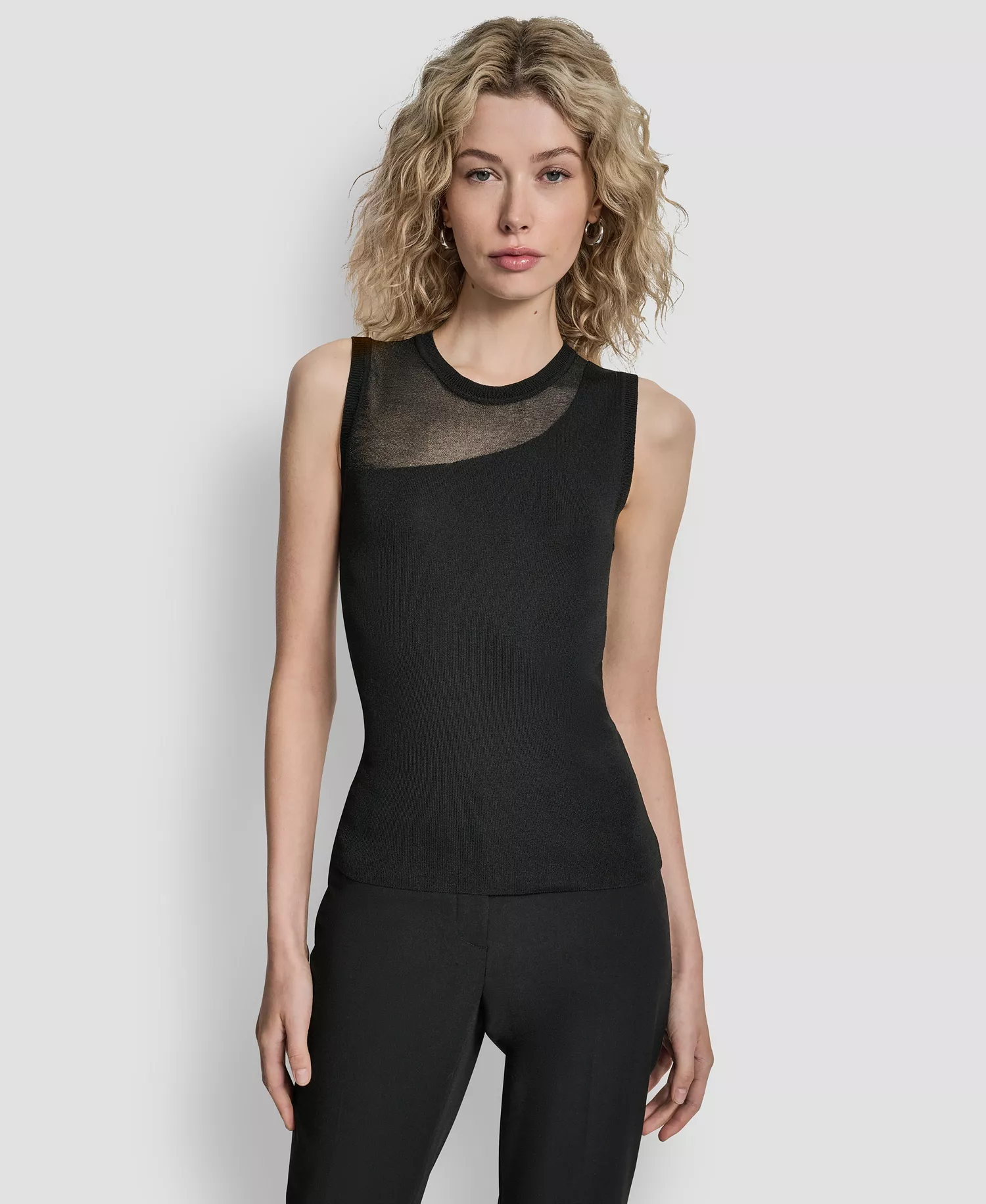 Women's Asymmetric Sheer Panel Sleeveless Sweater - Black - L