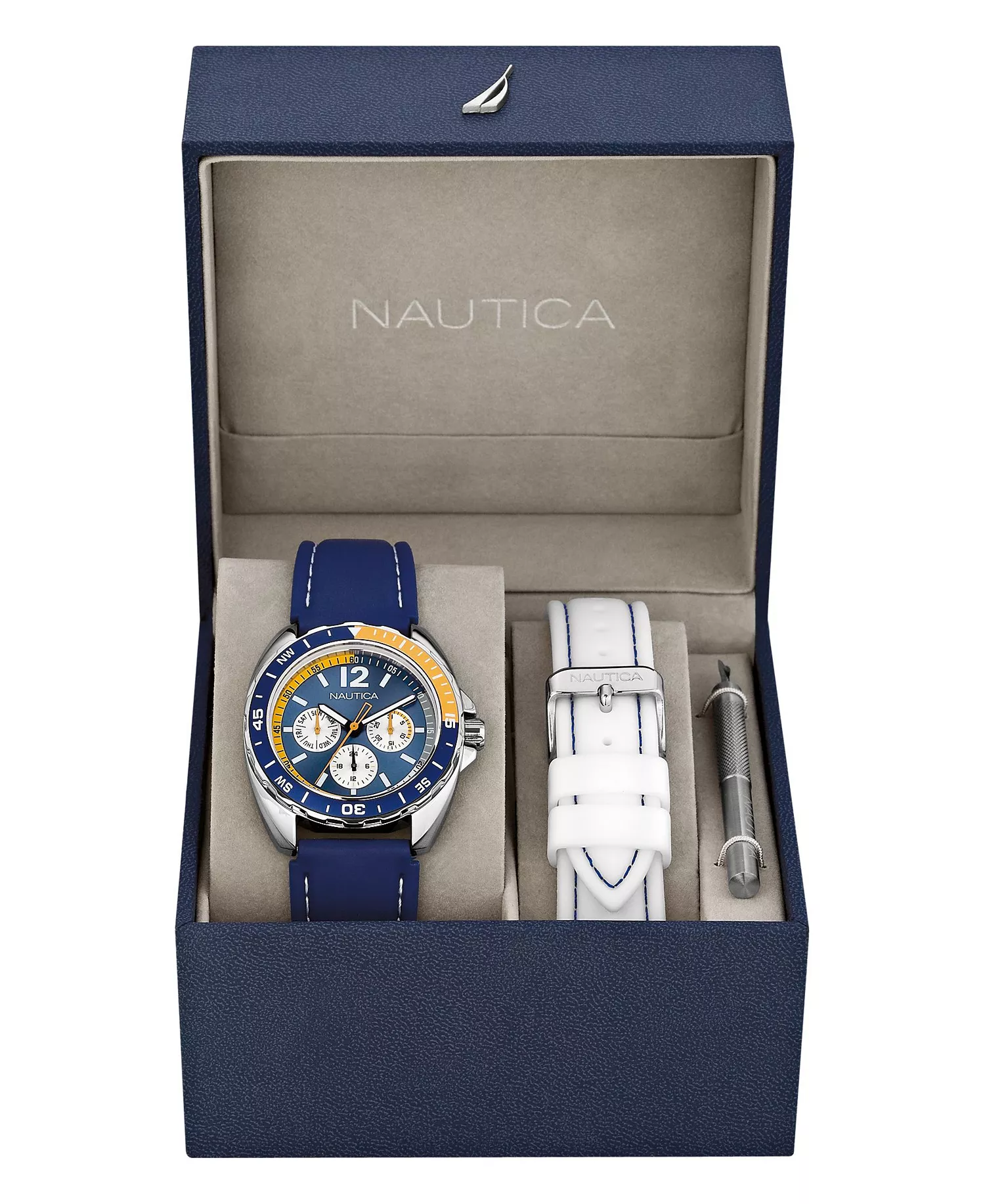 Men's N09915G Sport Ring Multifunction Navy Resin Strap Watch Box Set with White Resin Strap