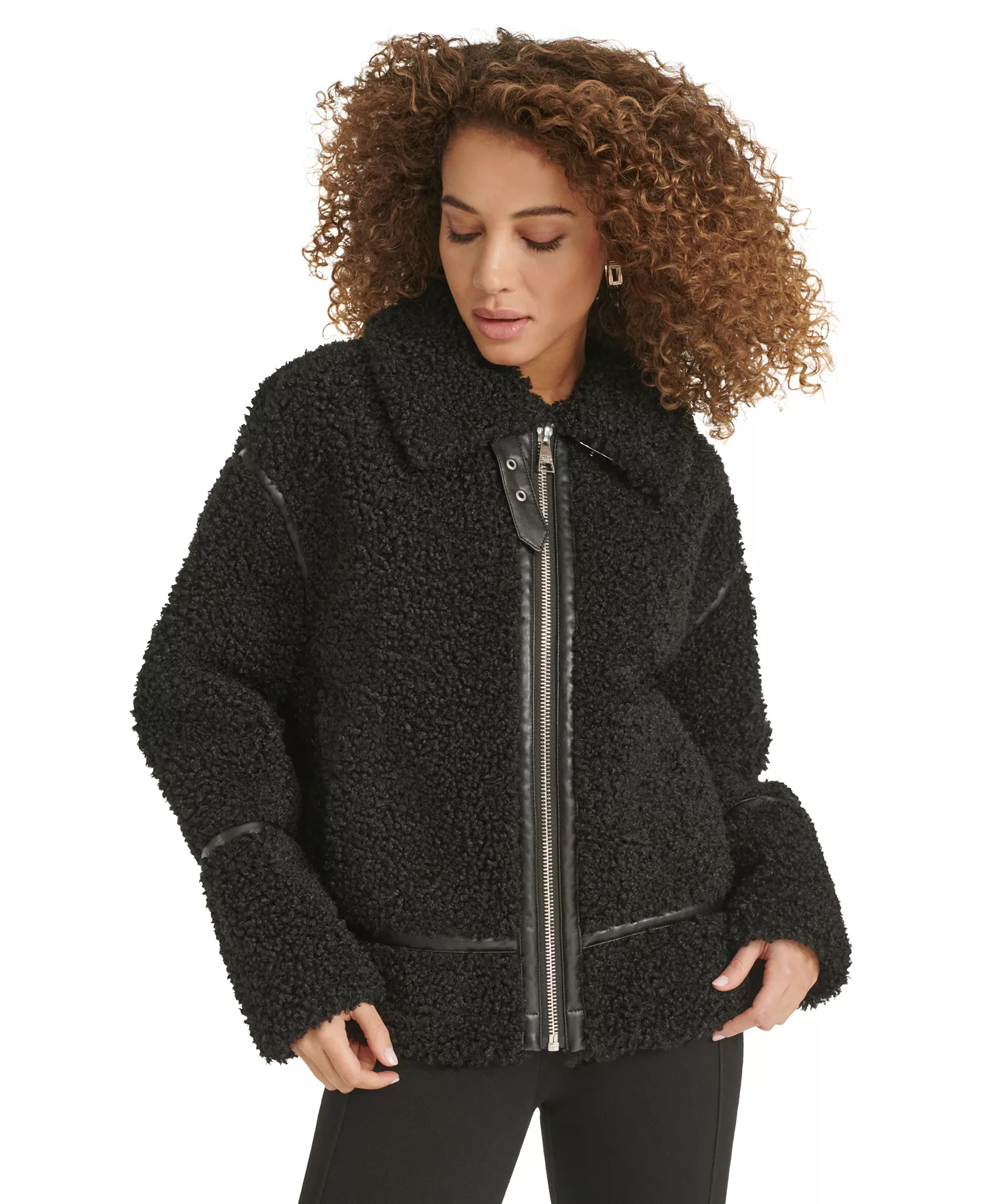 Women's Faux-Leather-Trim Teddy Moto Coat - Black - L